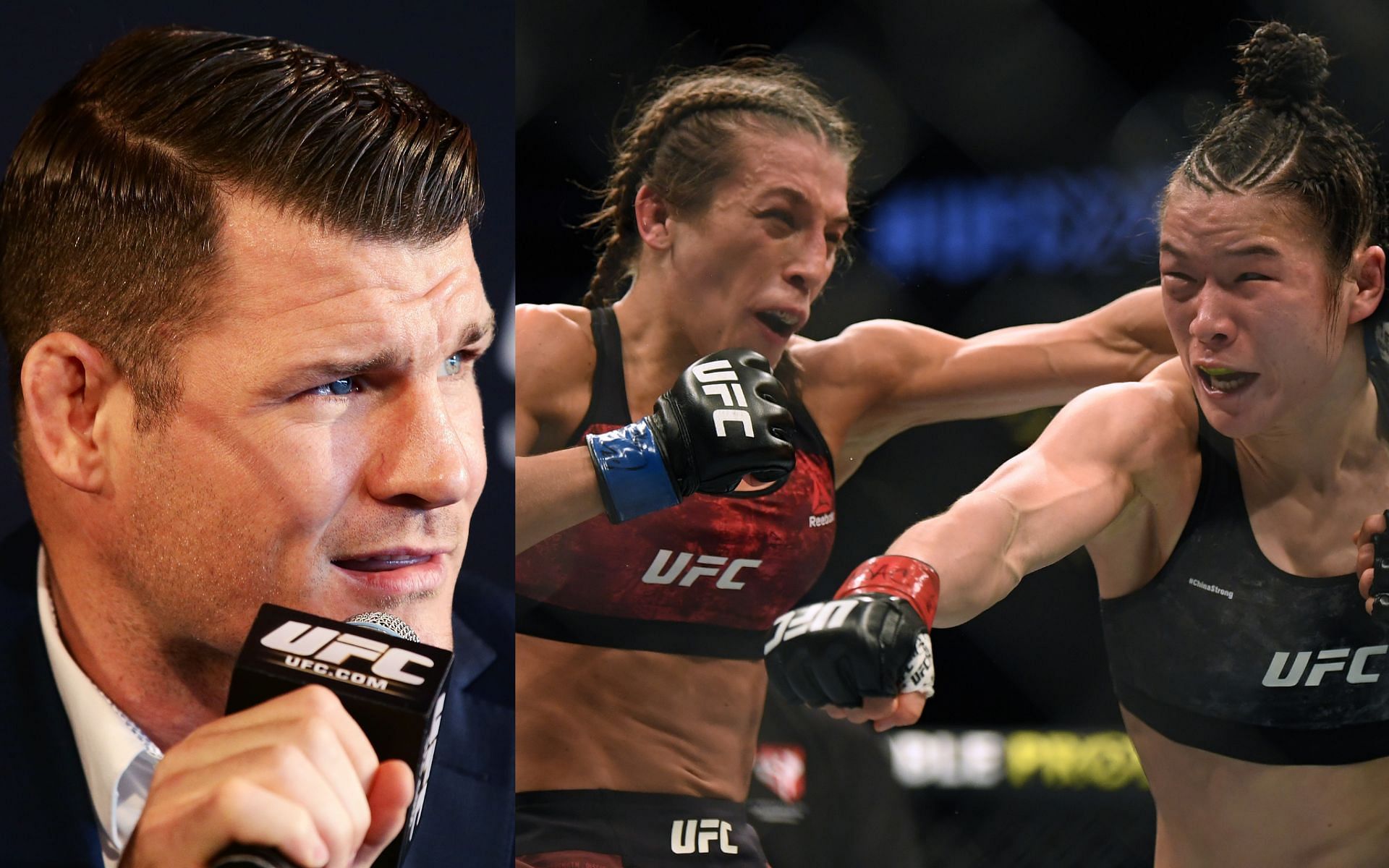 Michael Bisping (left). Joanna Jedrzejczyk &amp; Zhang Weili (right)