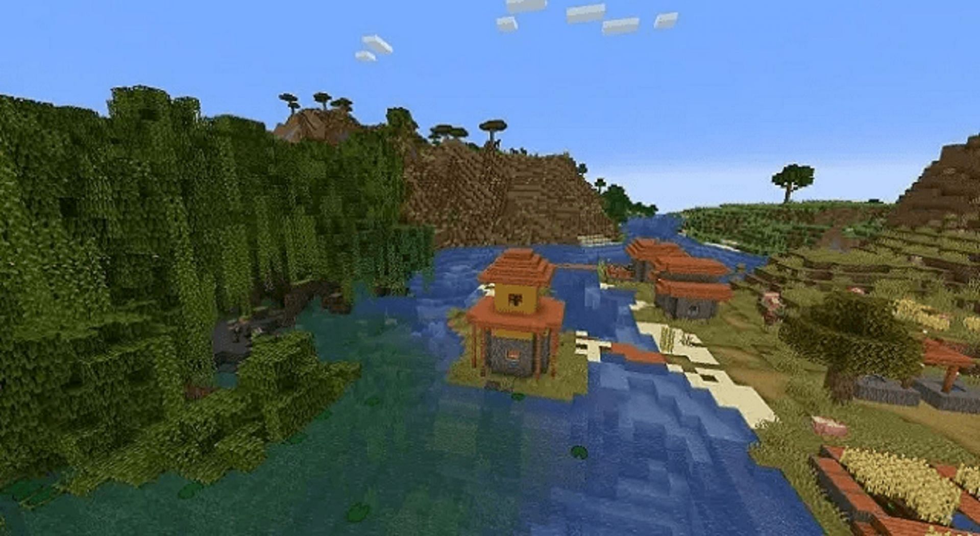 This savanna village can be a prime location for swamp villager breeding (Image via Mojang)