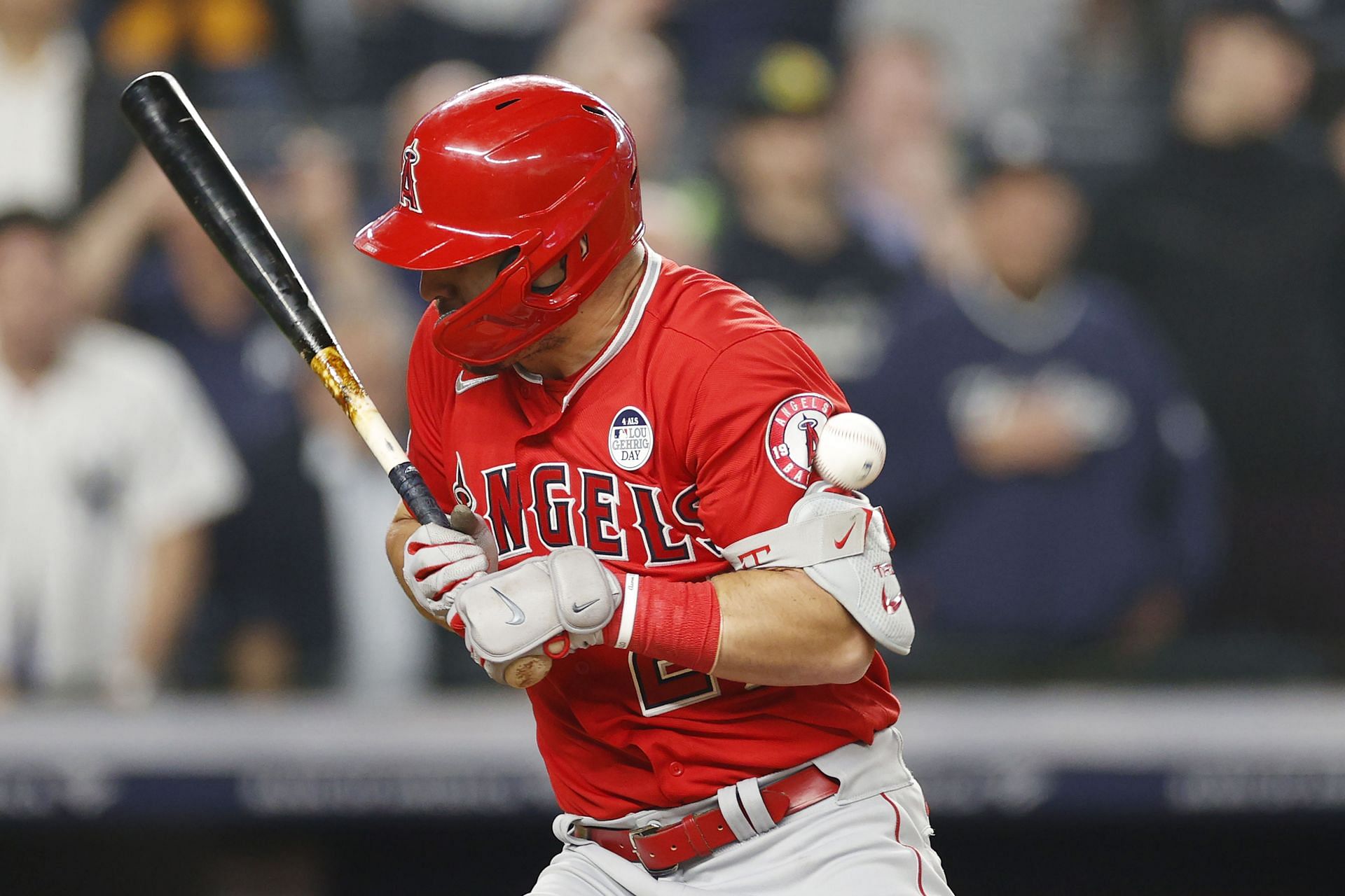 Mike Trout gets hit by a pitch during a Los Angeles Angels v New York Yankees game.