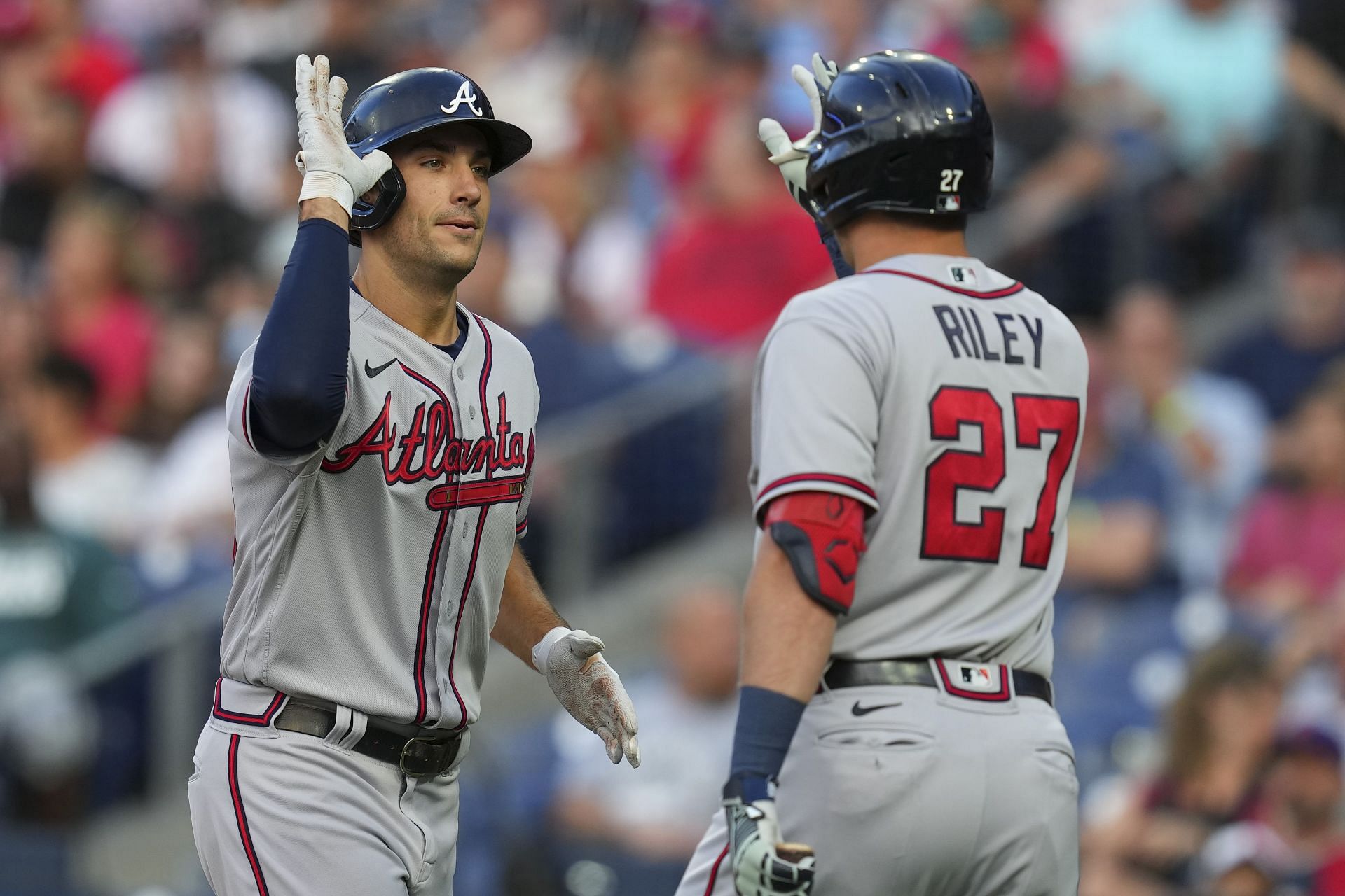 Matt Olson hits a solo home run in the first inning of tonight&#039;s Atlanta Braves v Philadelphia Phillies game.