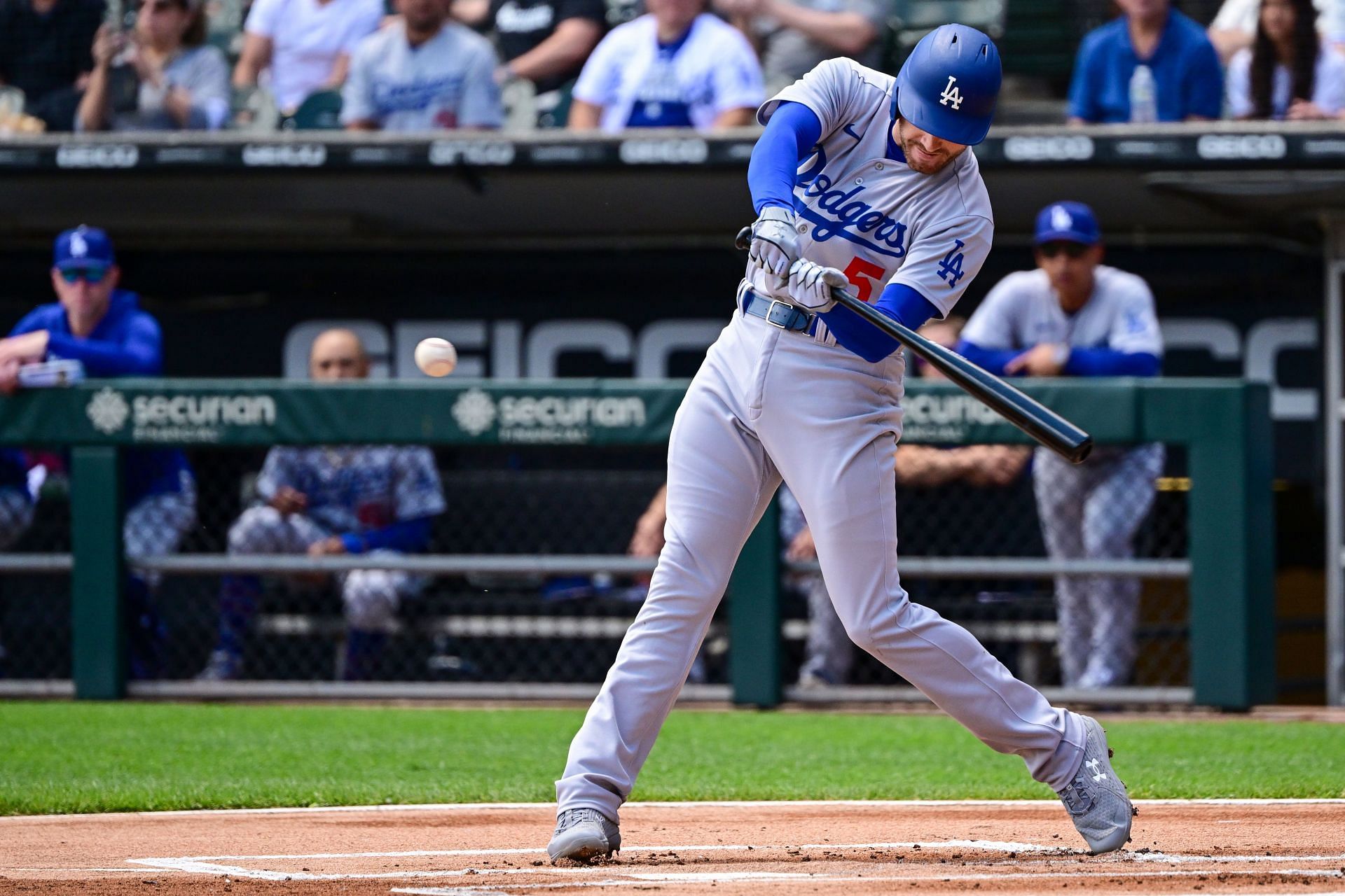 Freddie Freeman connects with a pitch in the Los Angeles Dodgers v Chicago White Sox game today.