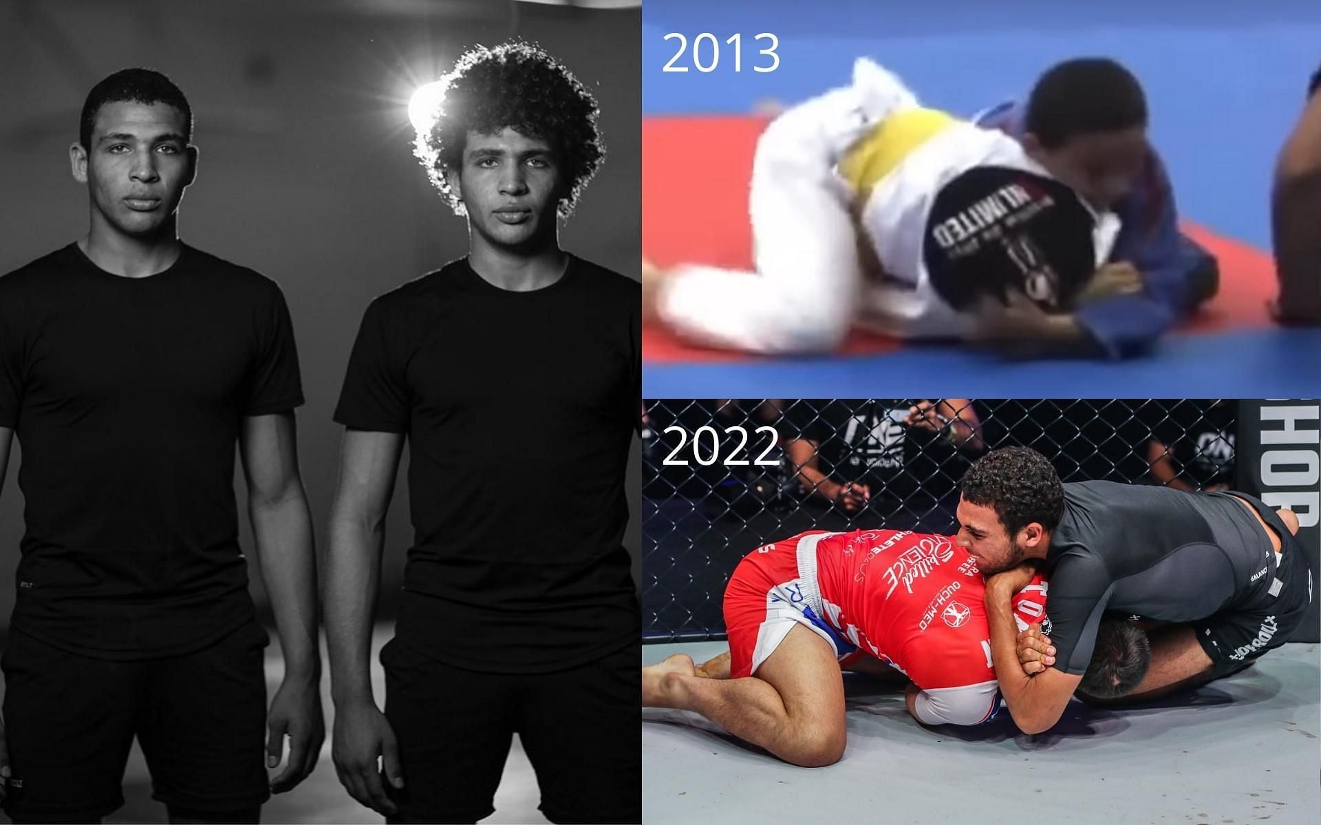 Tye and Kade Ruotolo (left) consider the D&#039;Arce choke (right) as their favorite submission move since they were kids. (Images courtesy of ONE Championship)