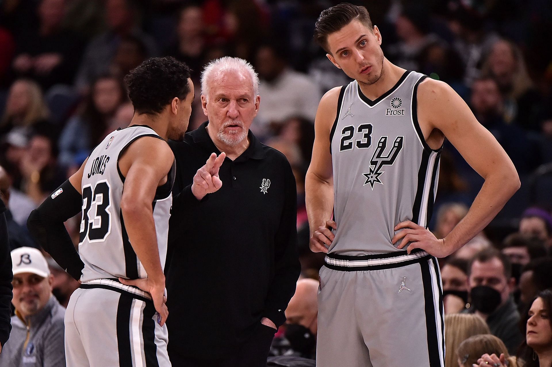 Tre Jones, Gregg Popovich and Zach Collins of the San Antonio Spurs