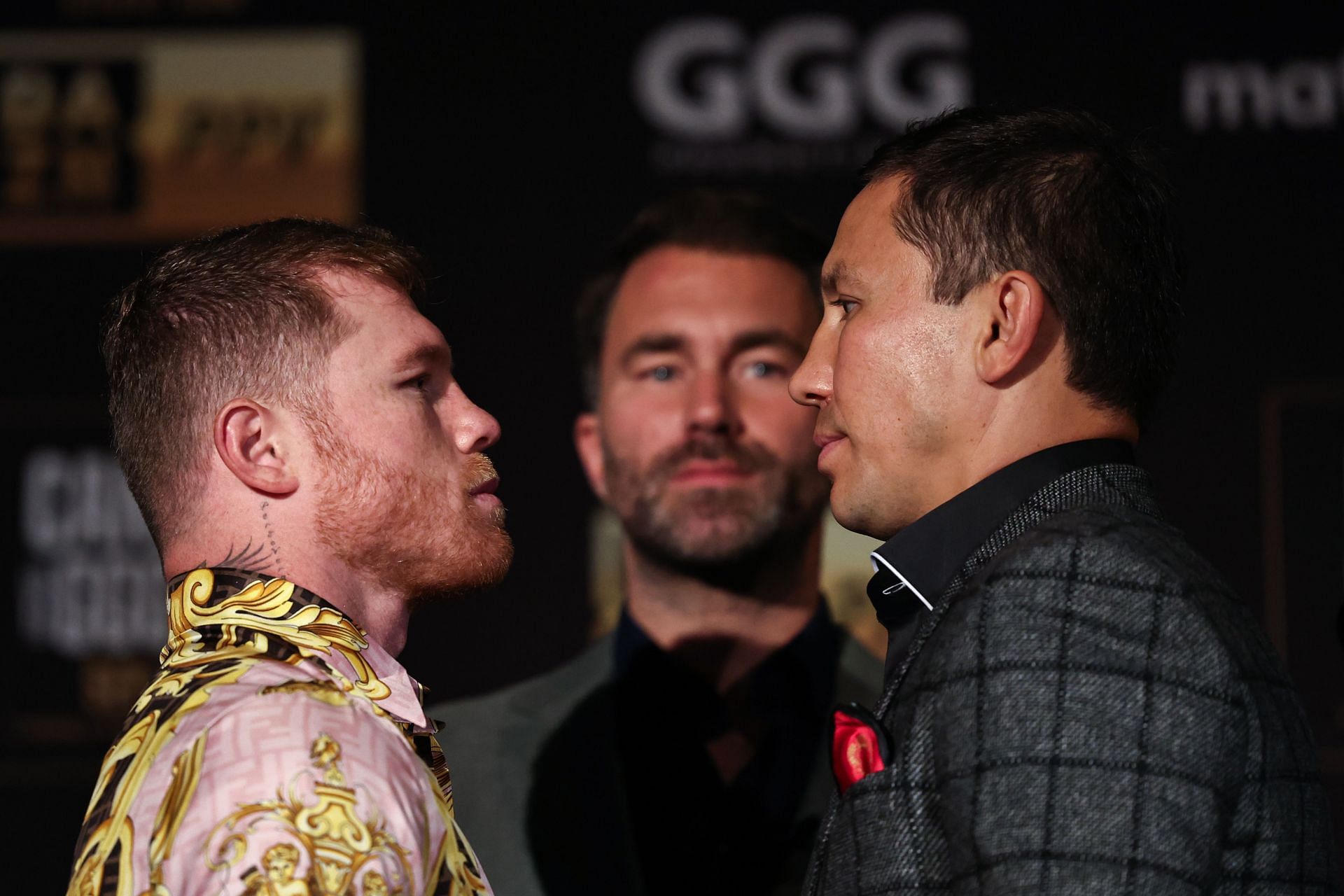 Canelo Alvarez (L) and Gennady Golovkin (R) face off during a press conference on June 27, 2022 in New York City. (Photo by Dustin Satloff/Getty Images)