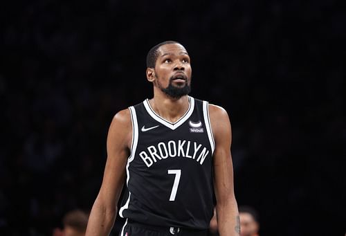 Kevin Durant of the Brooklyn Nets looks on against the Boston Celtics.