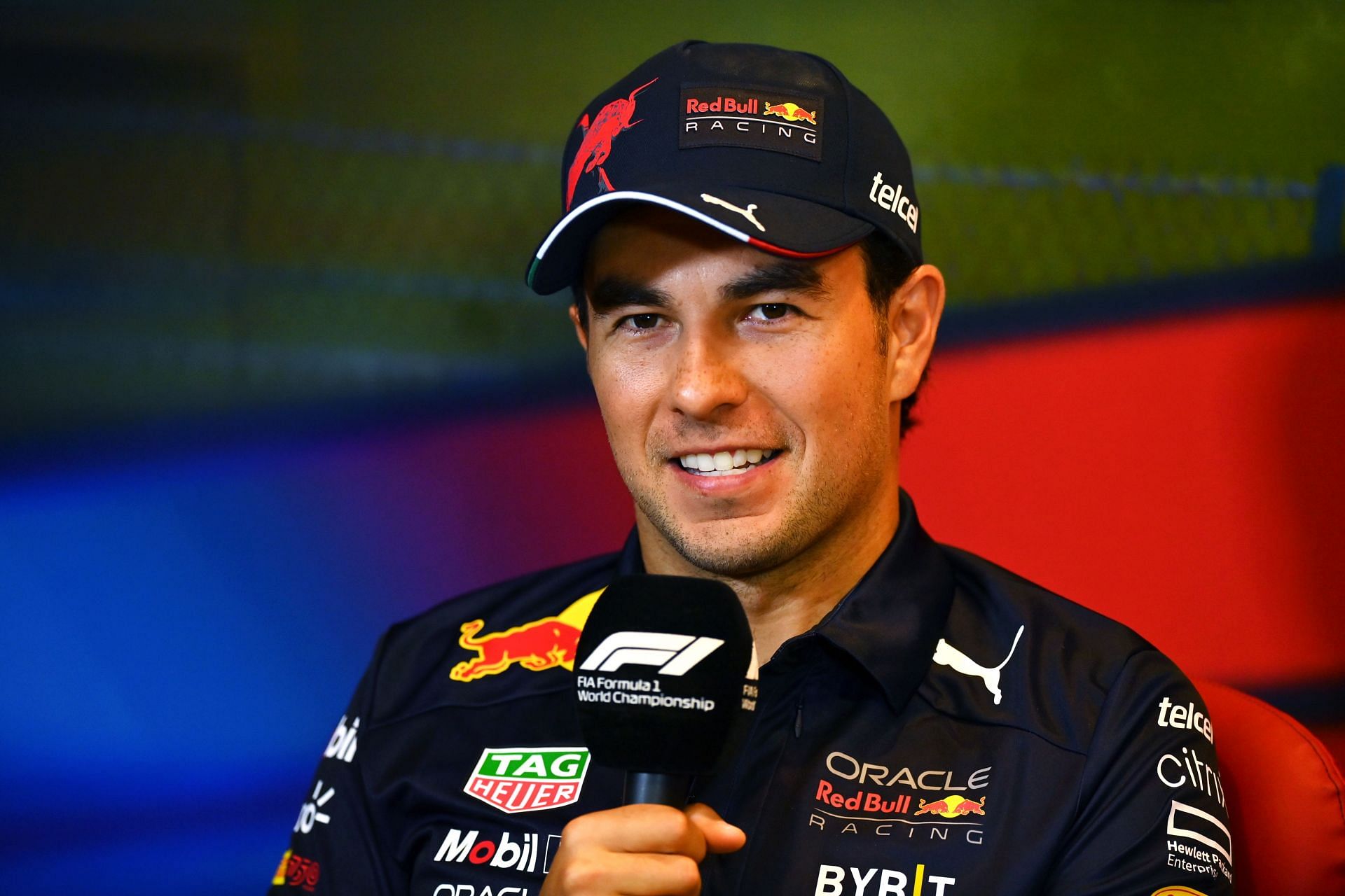 Red Bull driver Sergio Perez speaks to the media before FP1 at the 2022 F1 Azerbaijan GP (Photo by Dan Mullan/Getty Images)