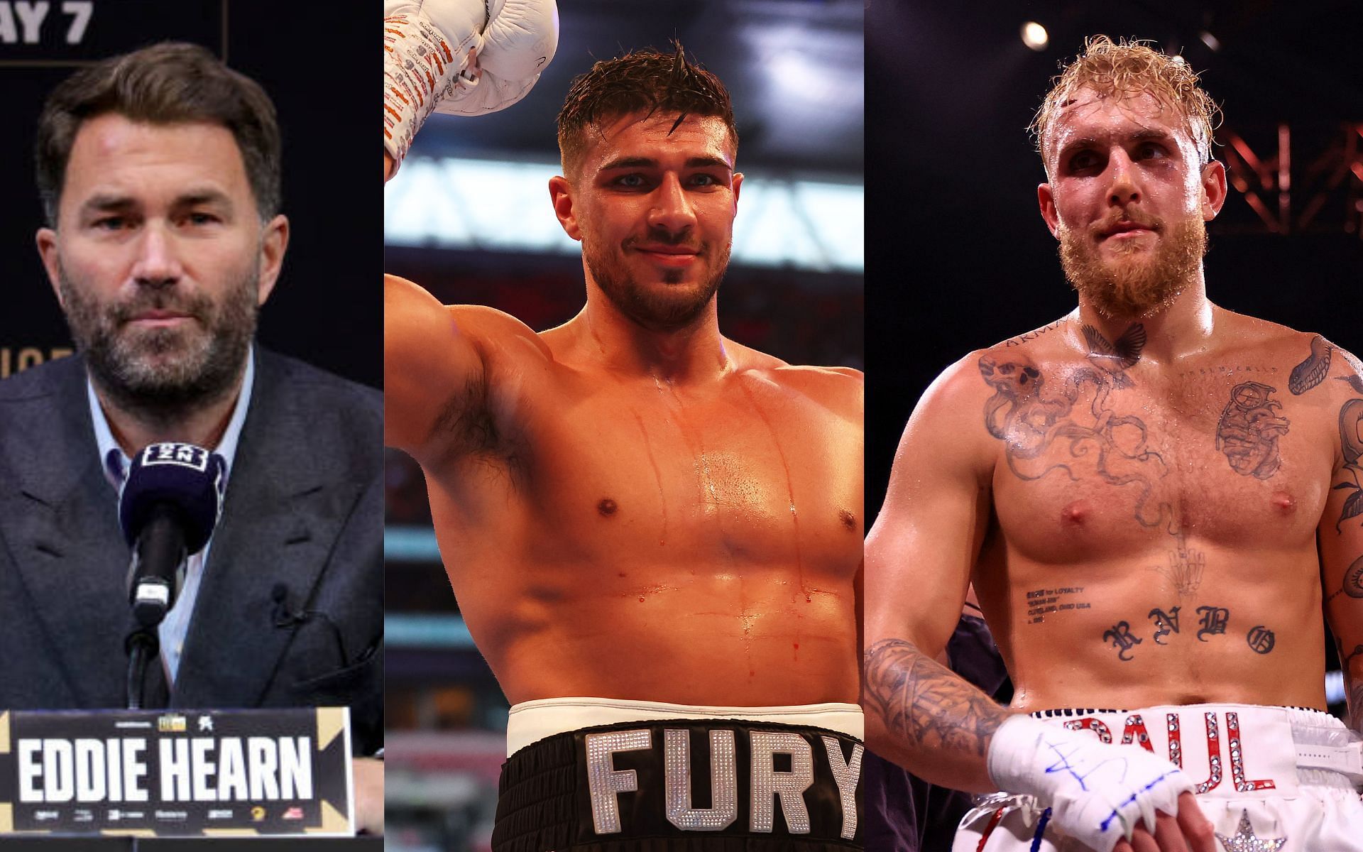Eddie Hearn (left), Tommy Fury (center), and Jake Paul (right)