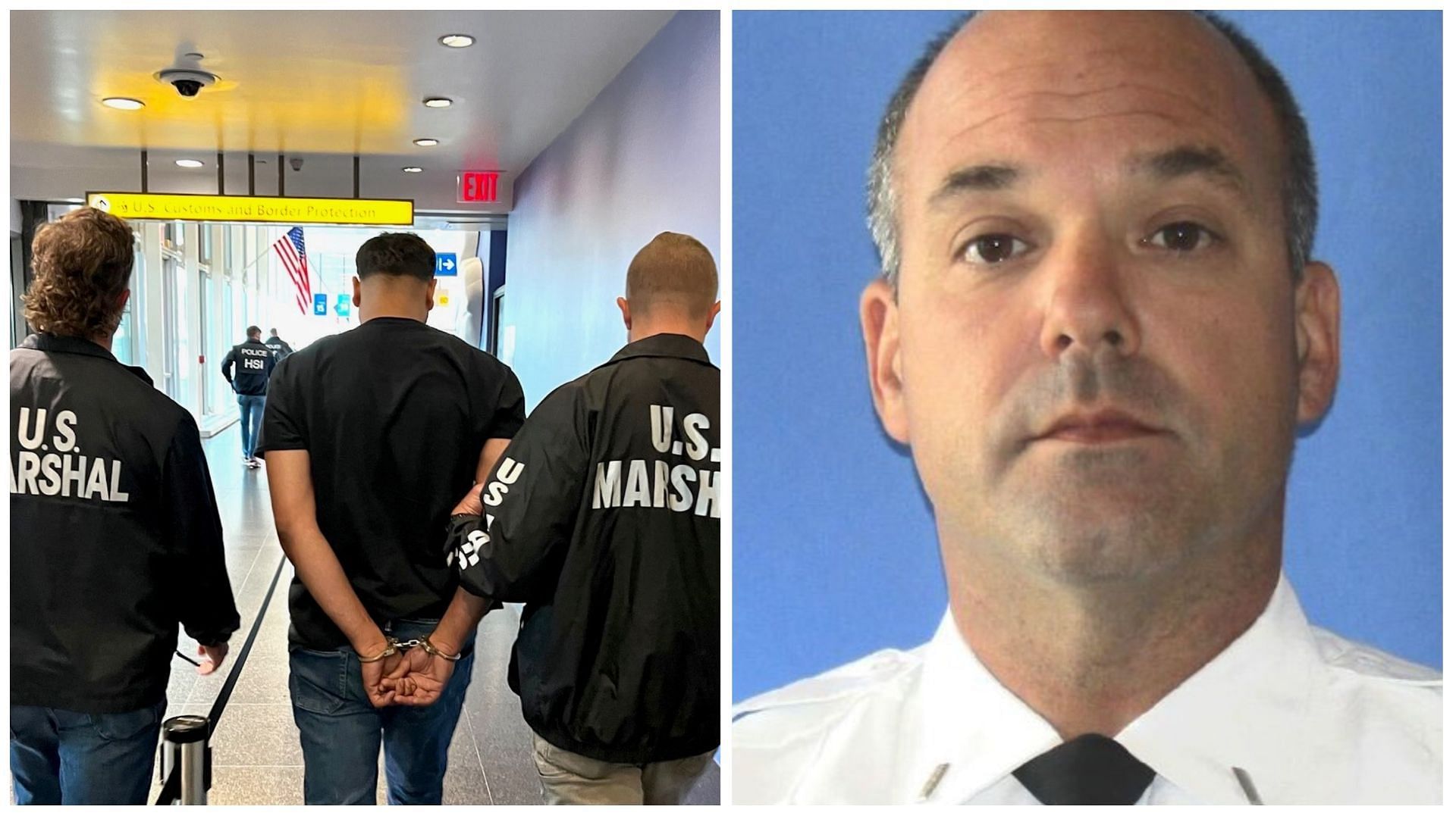 Philadelphia man Al-Ashraf Khalil (left) being arrested by US Marshals as the firefighter, Lt. Sean Williamson (right) dies in a blaze (Image via Twitter/USMarshalsHQ)