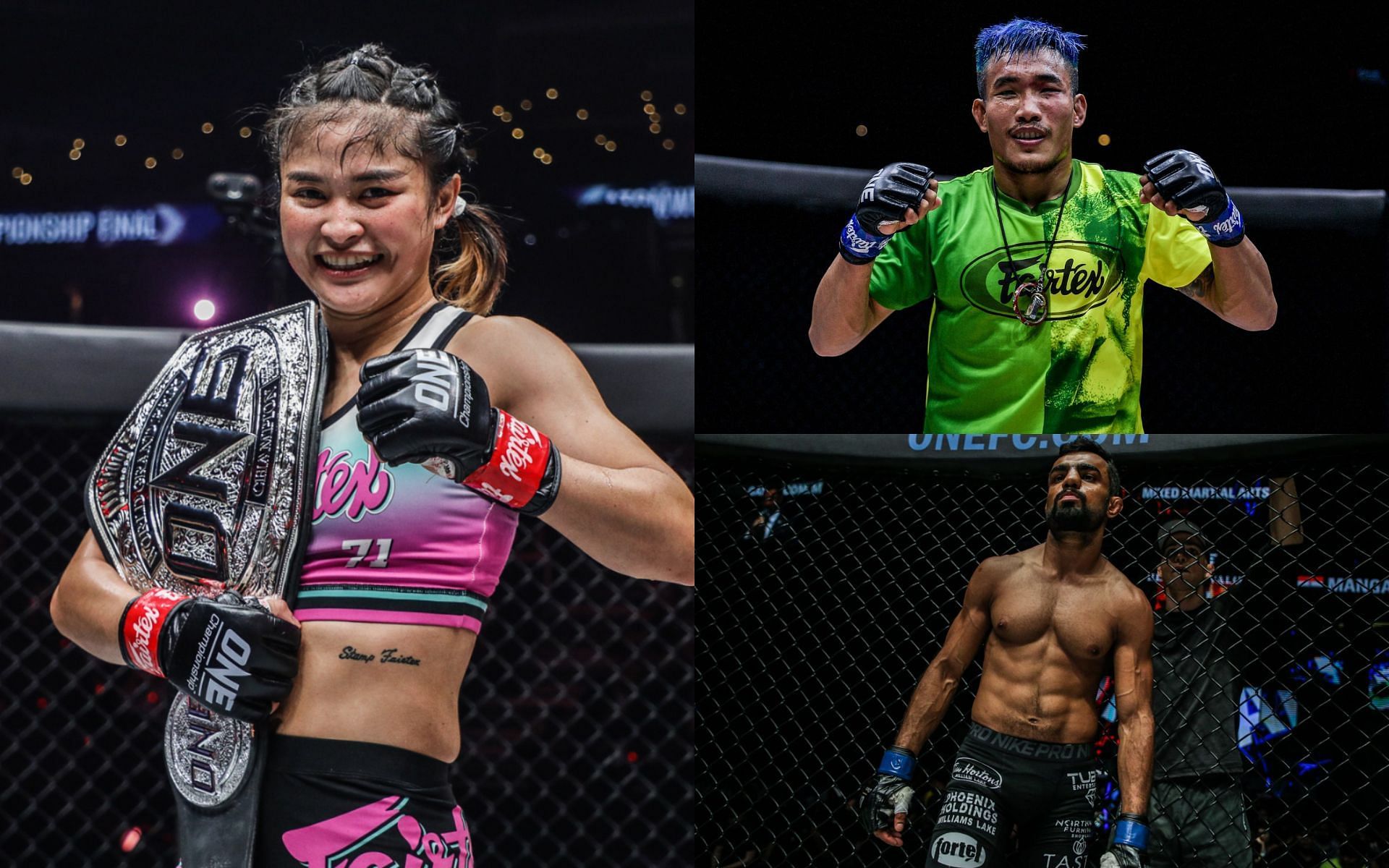 Stamp Fairtex (left), Yodkaikaew (top right) and Gurdarshan Mangat (bottom right) [Photo Credit: ONE Championship]