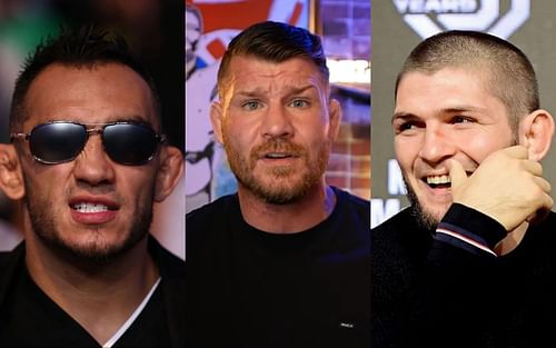 Michael Bisping (center) confident Khabib Nurmagomedov (right) will fight Tony Ferguson (left) [image via. Youtube/MichaelBisping]