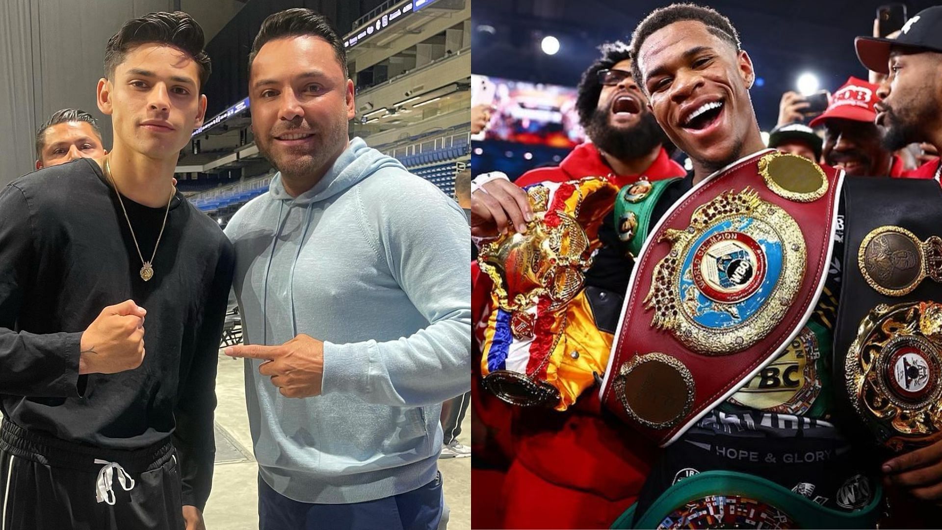 Ryan Garcia and Oscar De La Hoya (left - via Instagram @oscardelahoya) and Devin Haney (right - via Instagram @realdevinhaney)