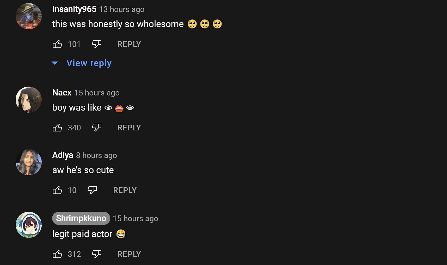 Fans reacting to the wholesome interaction under the YouTube video 2/2 (Image via Shrimpkkuno/YouTube)