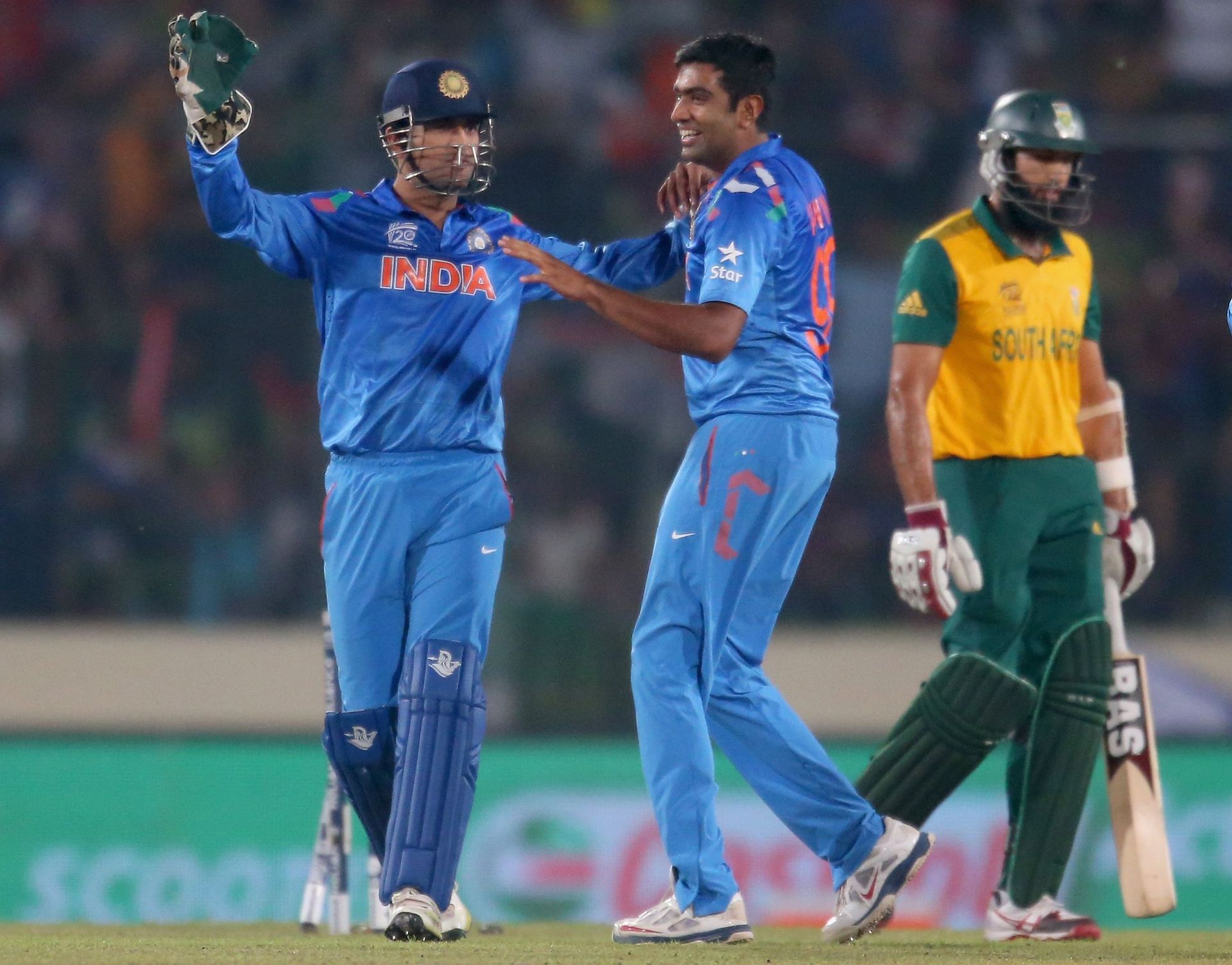 Ravichandran Ashwin celebrates the wicket of Hashim Amla during the 2014 T20 World Cup semi-final. Pic: Getty Images