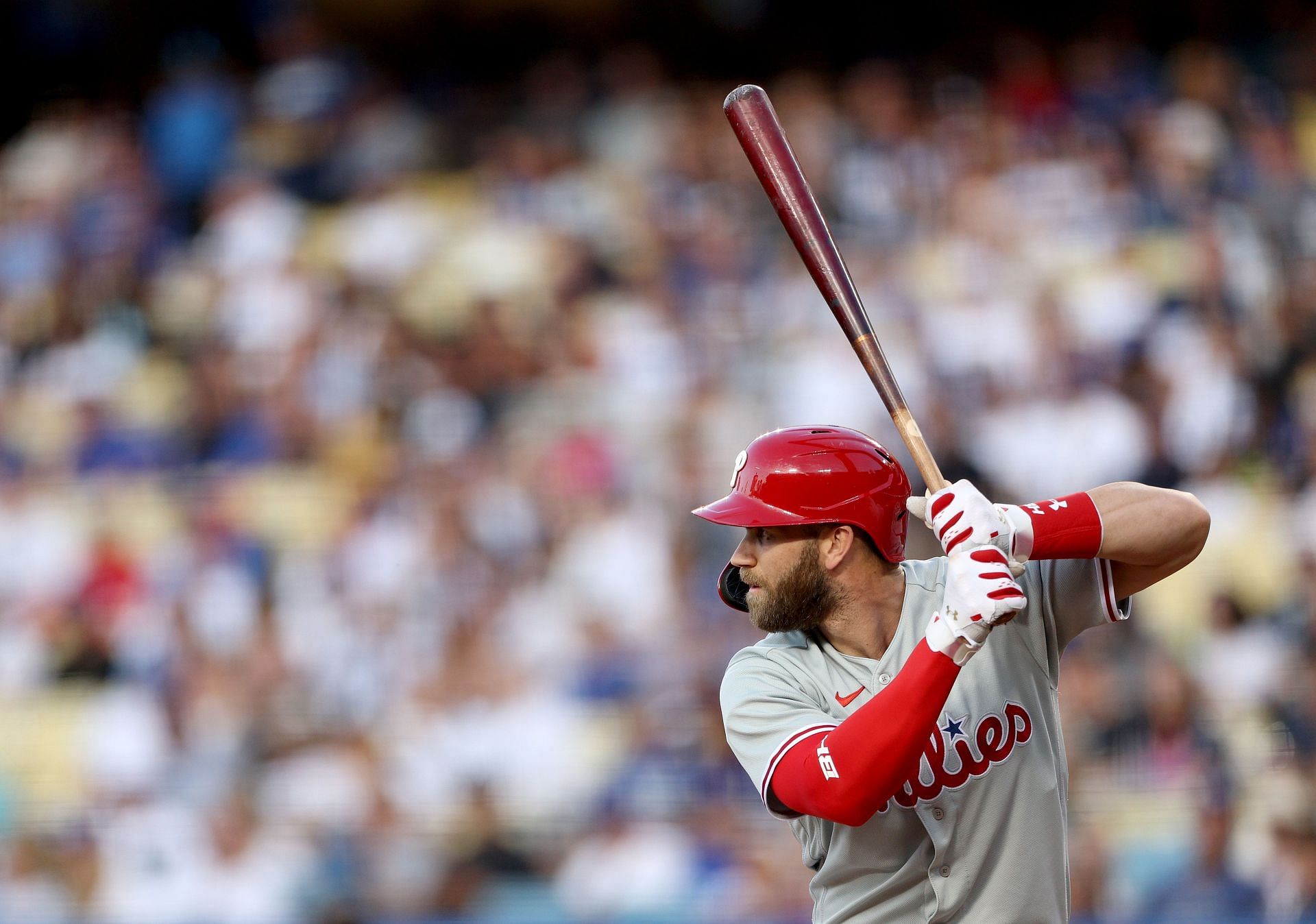 Bryce Harper of the Philadelphia Phillies bats against the Los Angeles Dodgers at Dodger Stadium.