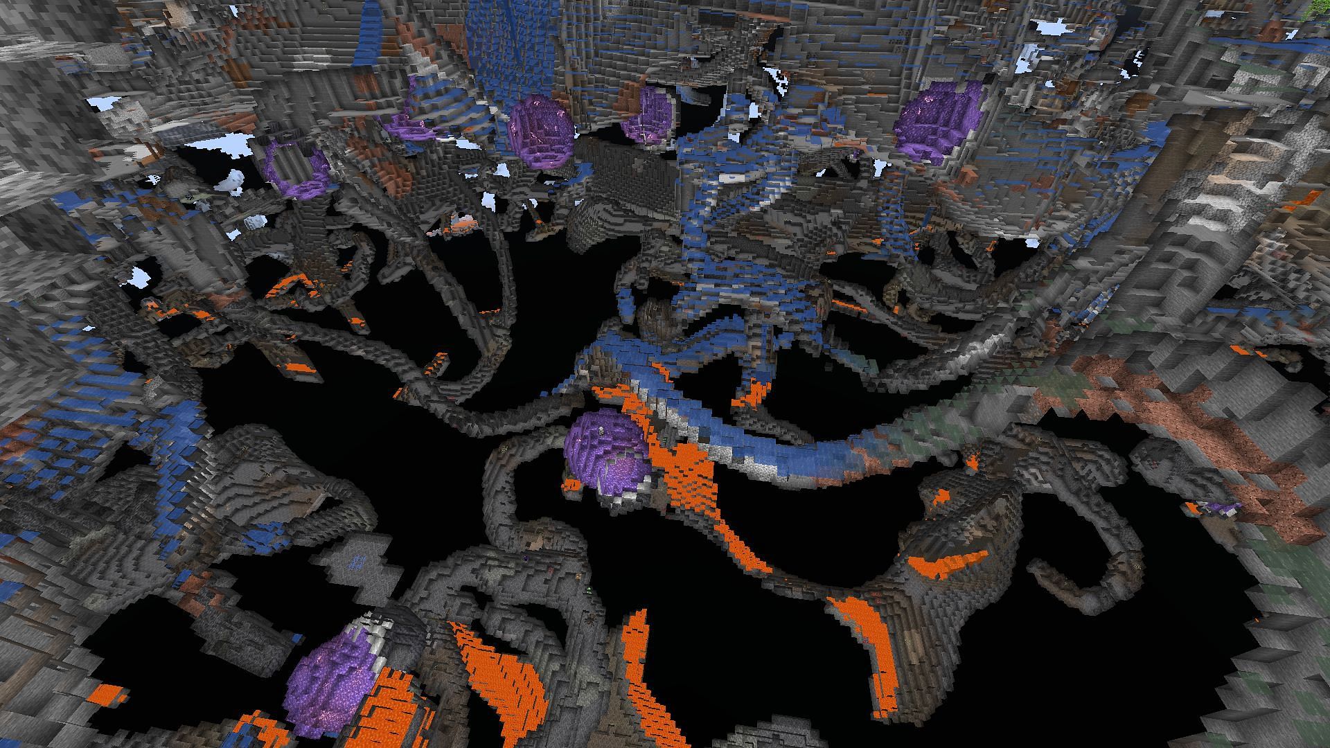 An underground view of the many geodes found under spawn (Image via Minecraft)
