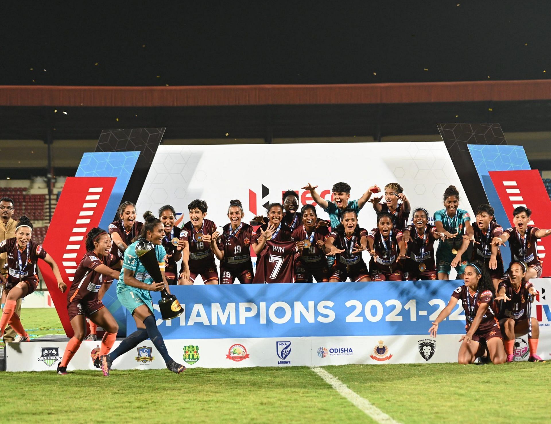 Gokulam Kerala FC players celebrating after winning the IWL 2021-22 title. (Image Courtesy: Twitter/GokulamKeralaFC)