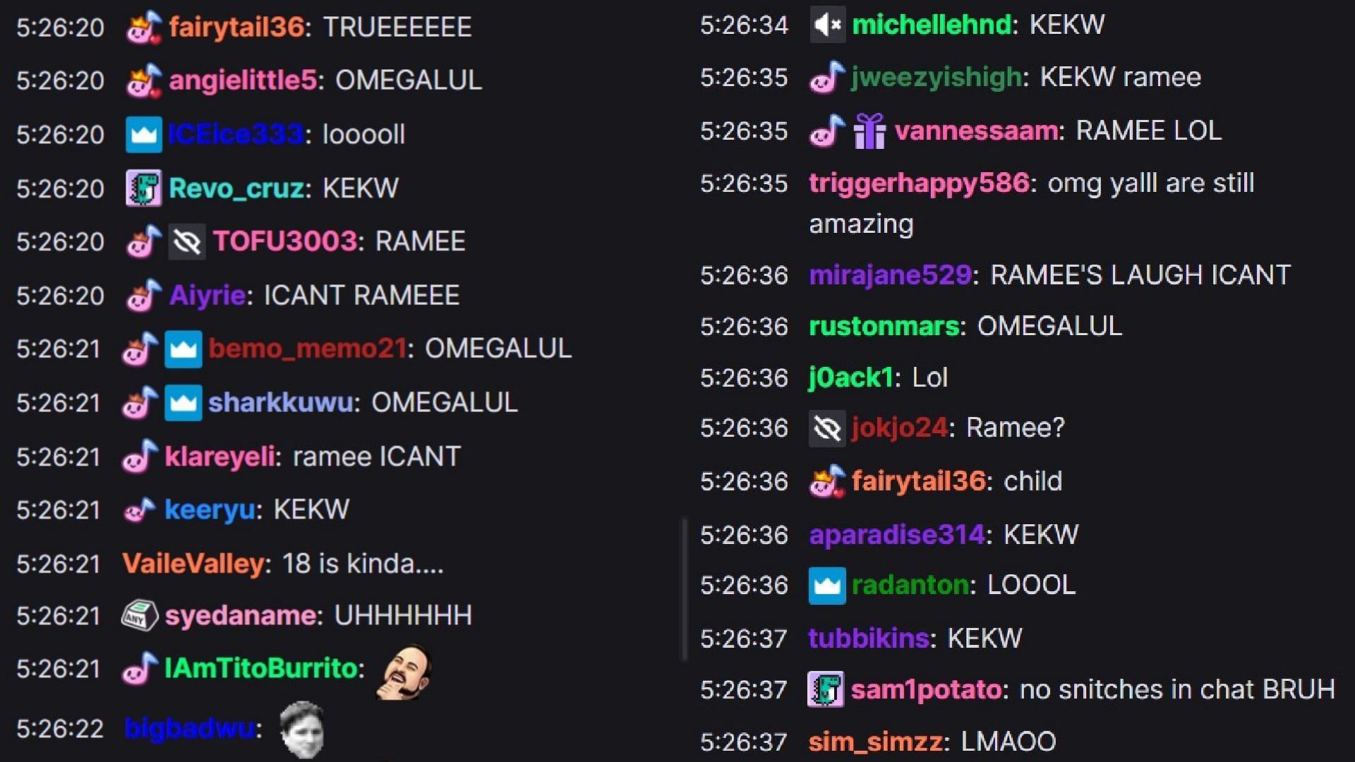 Chat laughing at Ramee&#039;s laugh (Image via leslie/Twitch)