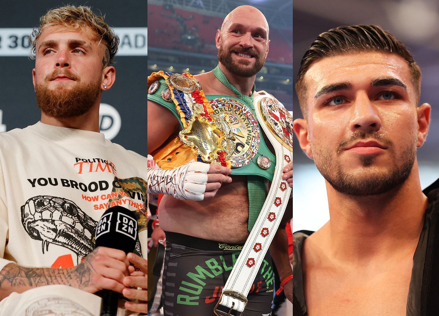 Jake Paul (left), Tyson Fury (center), Tommy Fury (right)