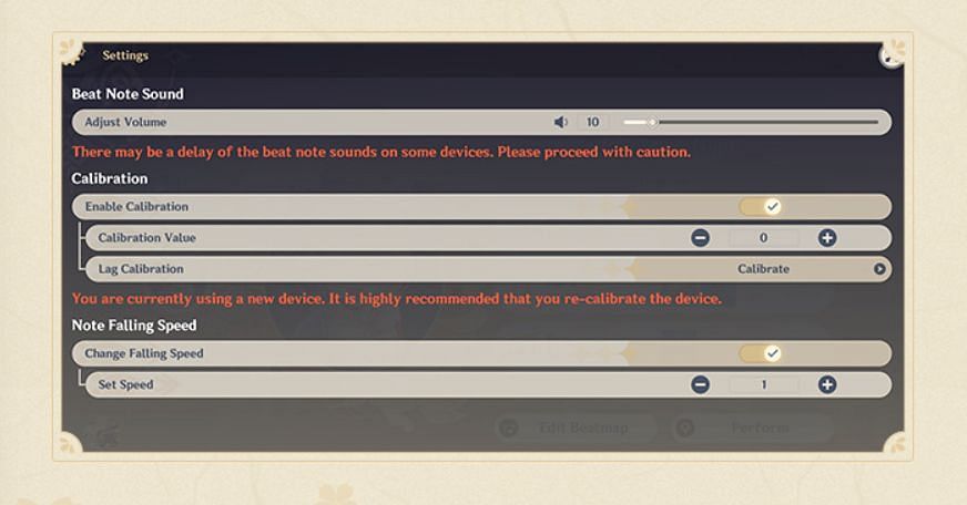 Adjust the volume and speed of the note sound (Image via HoYoverse)
