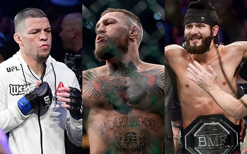 Nate Diaz (L); Conor McGregor (C); Jorge Masvidal (R)