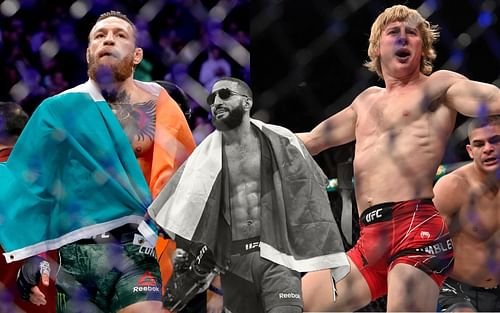 Conor McGregor (left), Belal Muhammad (center), and Paddy Pimblett (right) (Images via Getty)