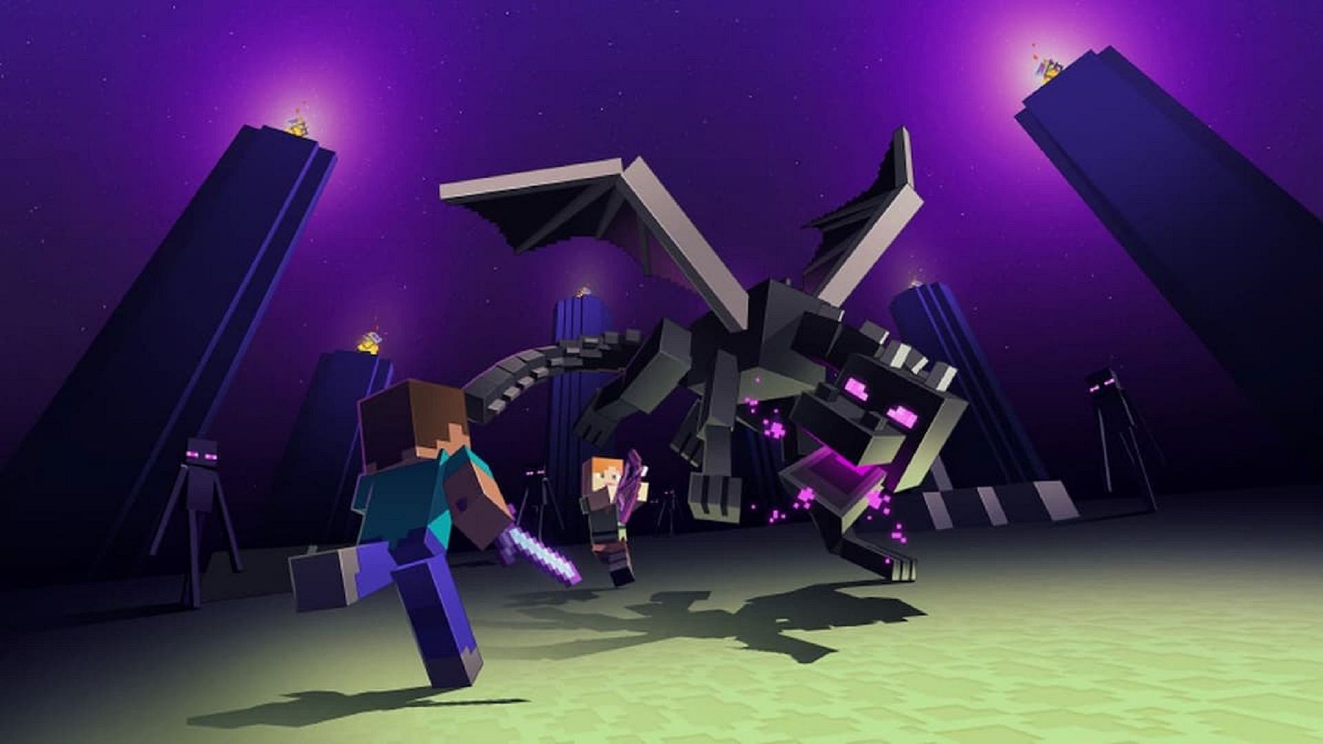 Steve battling the Ender Dragon in Minecraft (Image via Mojang)