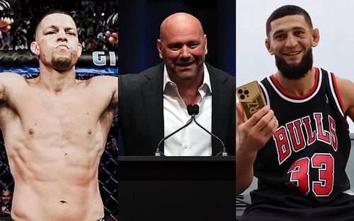 (L to R) Nate Diaz, Dana White and Khamzat Chimaev.