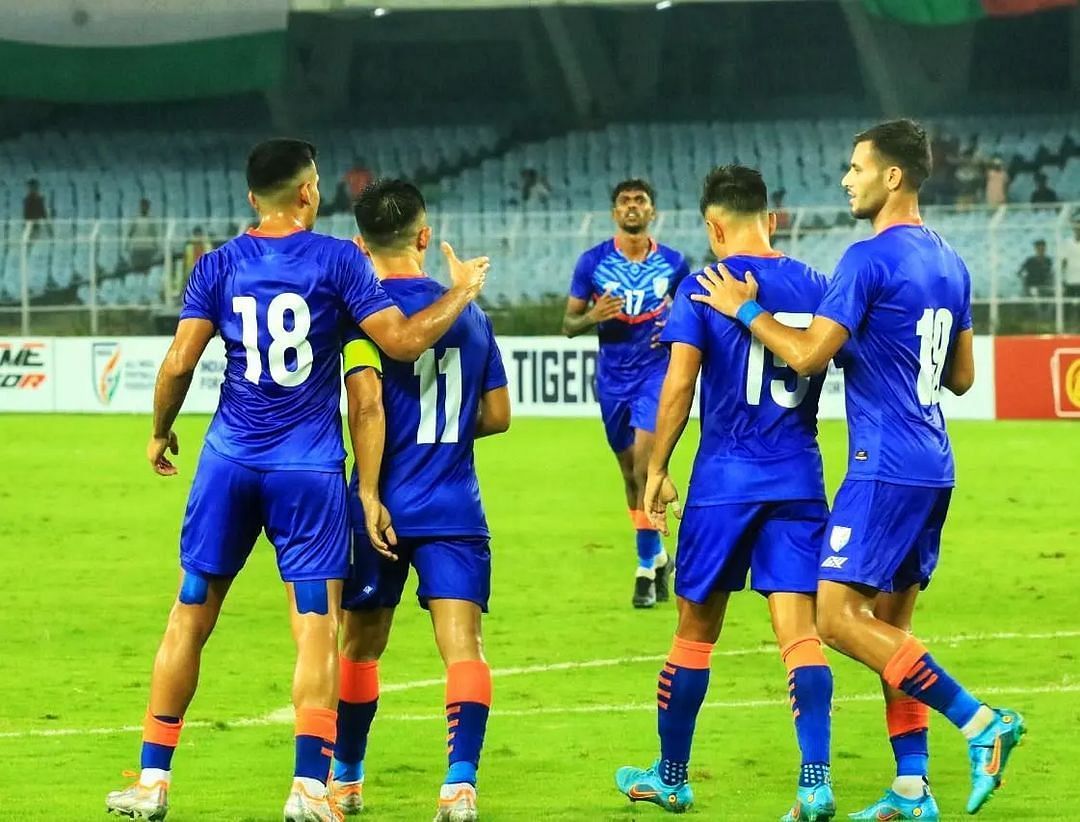 Skipper Sunil Chhetri celebrates his goal against Cambodia with his teammates (Image Courtesy: Indian Football Instagram)
