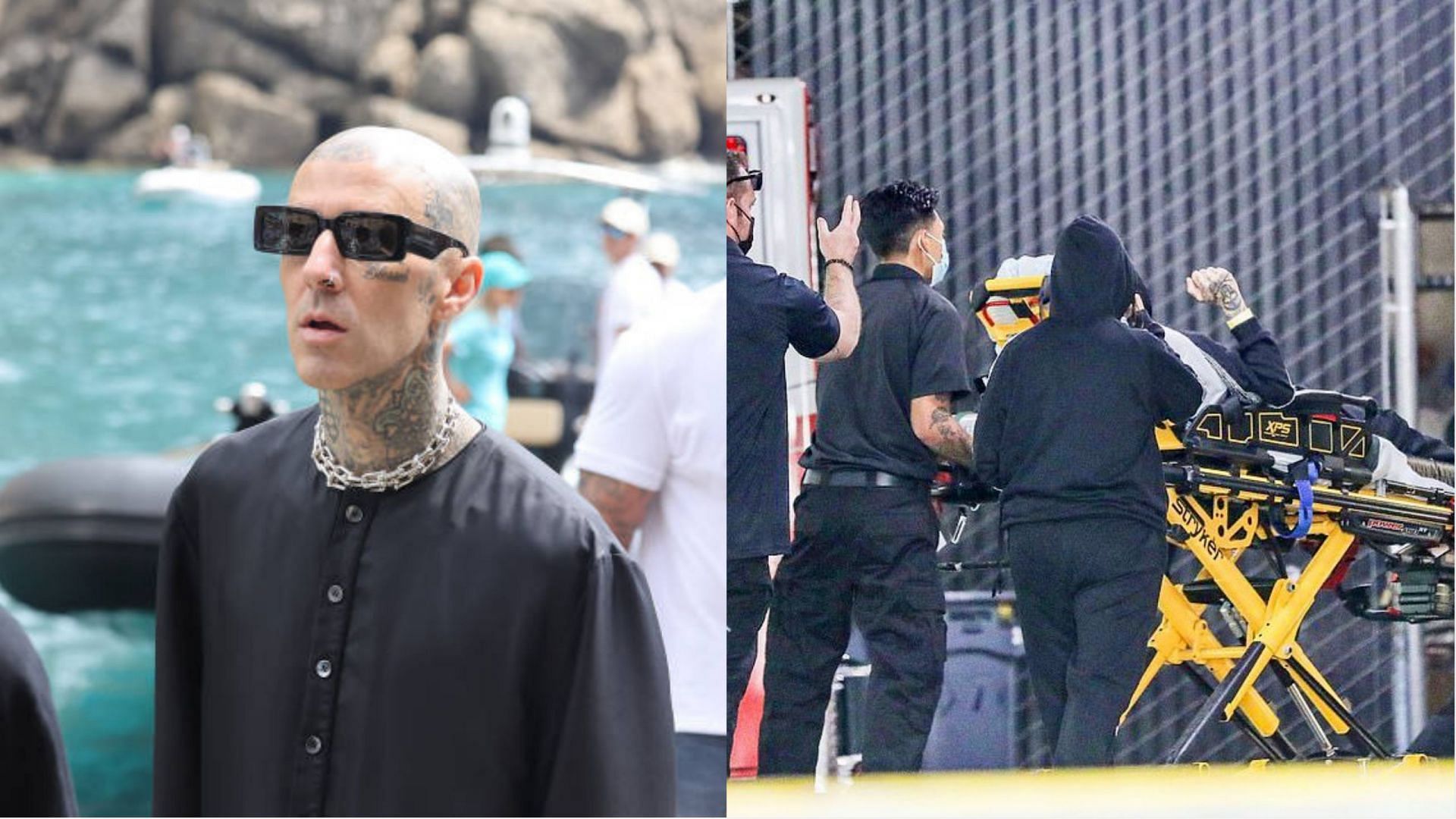 Travis Barker has been taken to the Cedars-Sinai Medical Center in LA (Image via NINO/Getty Images and @JermaineWatkins/Twitter)