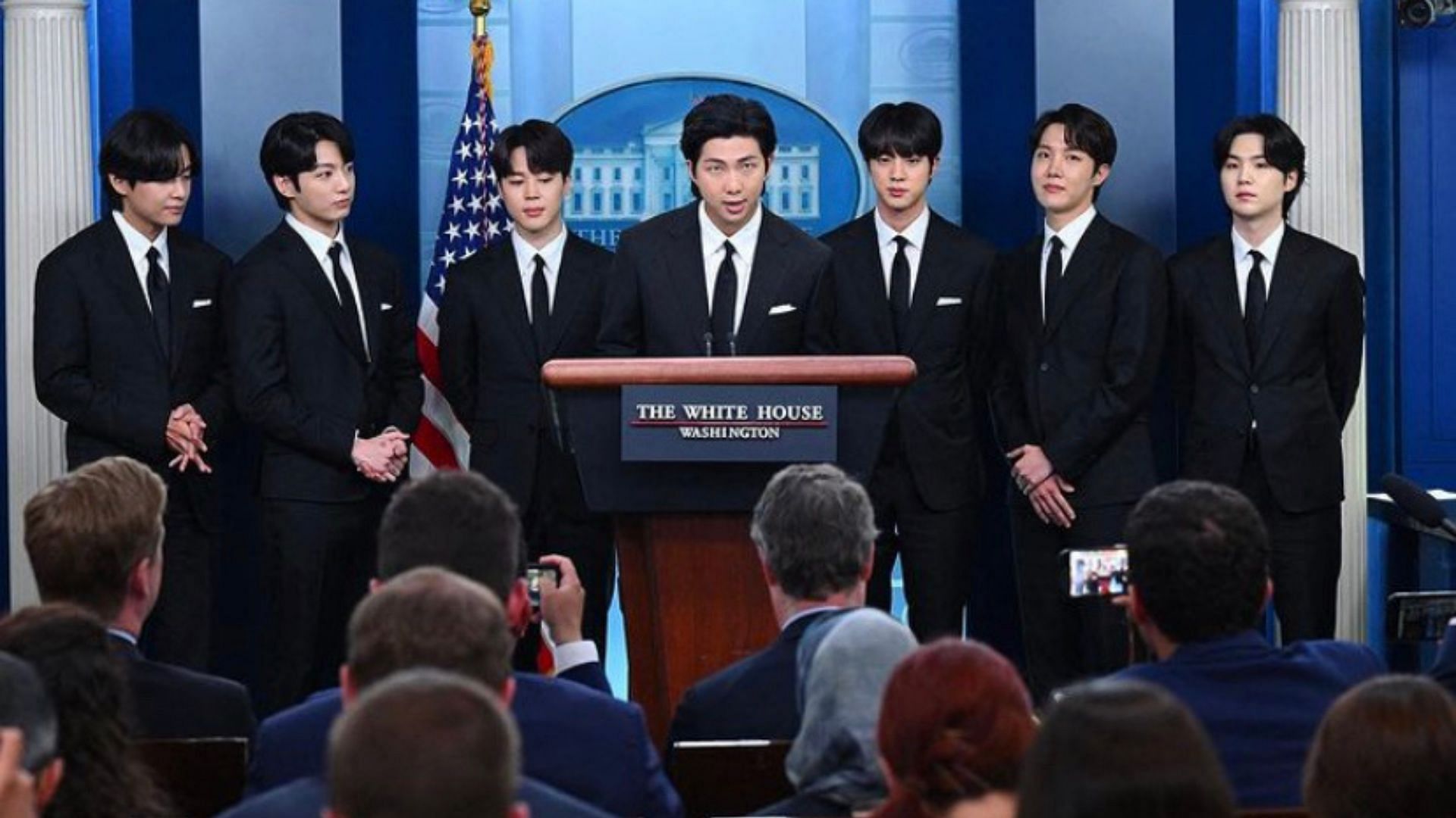 A still of the K-pop boy group while giving a speech (Image via @labels.hybe/Instagram)