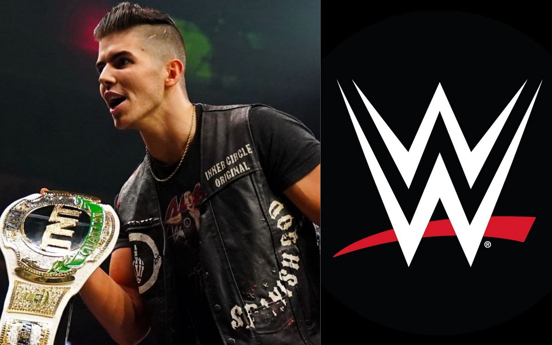 Former AEW TNT Champion Sammy Guevara (left) and WWE logo (right)