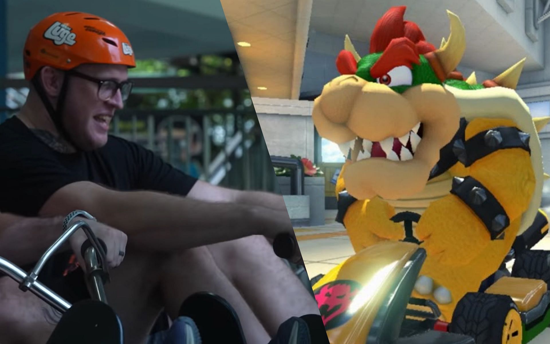 Odie Delaney (L) did his best impression of Bowser (R) when he rode the Skyline Luge in Singapore. | [Photos: ONE Championship/GameAxis]