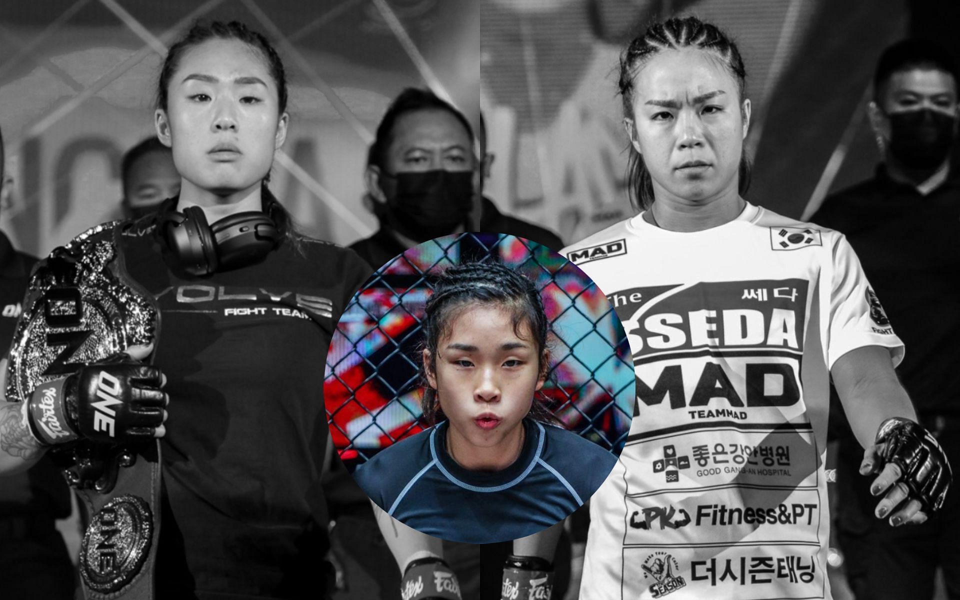 Victoria Lee (center circle) previews her older sister Angela&#039;s (left) match against Ham Seo Hee (right). [Photos ONE Championship]