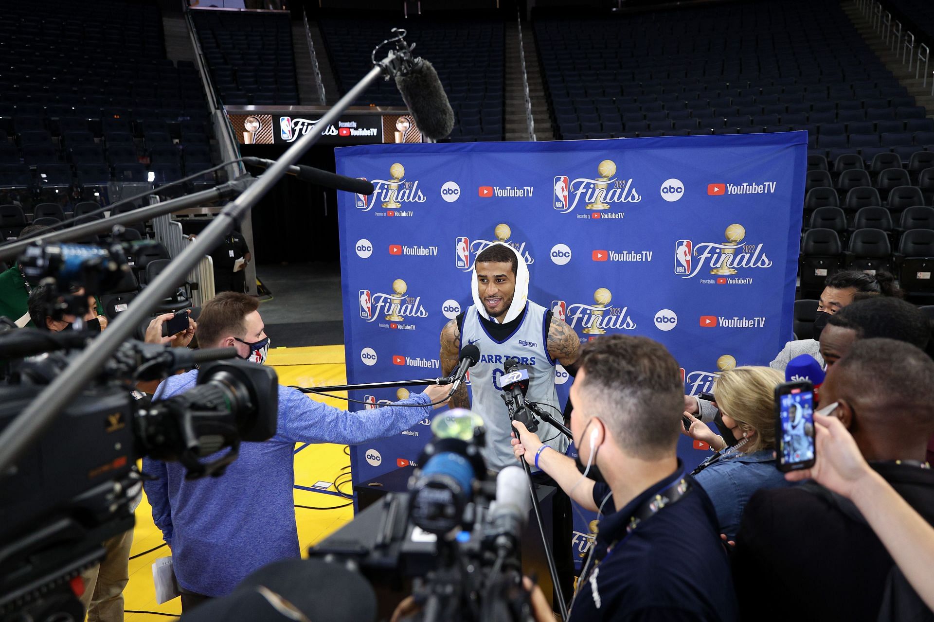 Gary Payton II of the Golden State Warriors interviewed on 2022 NBA Finals media day