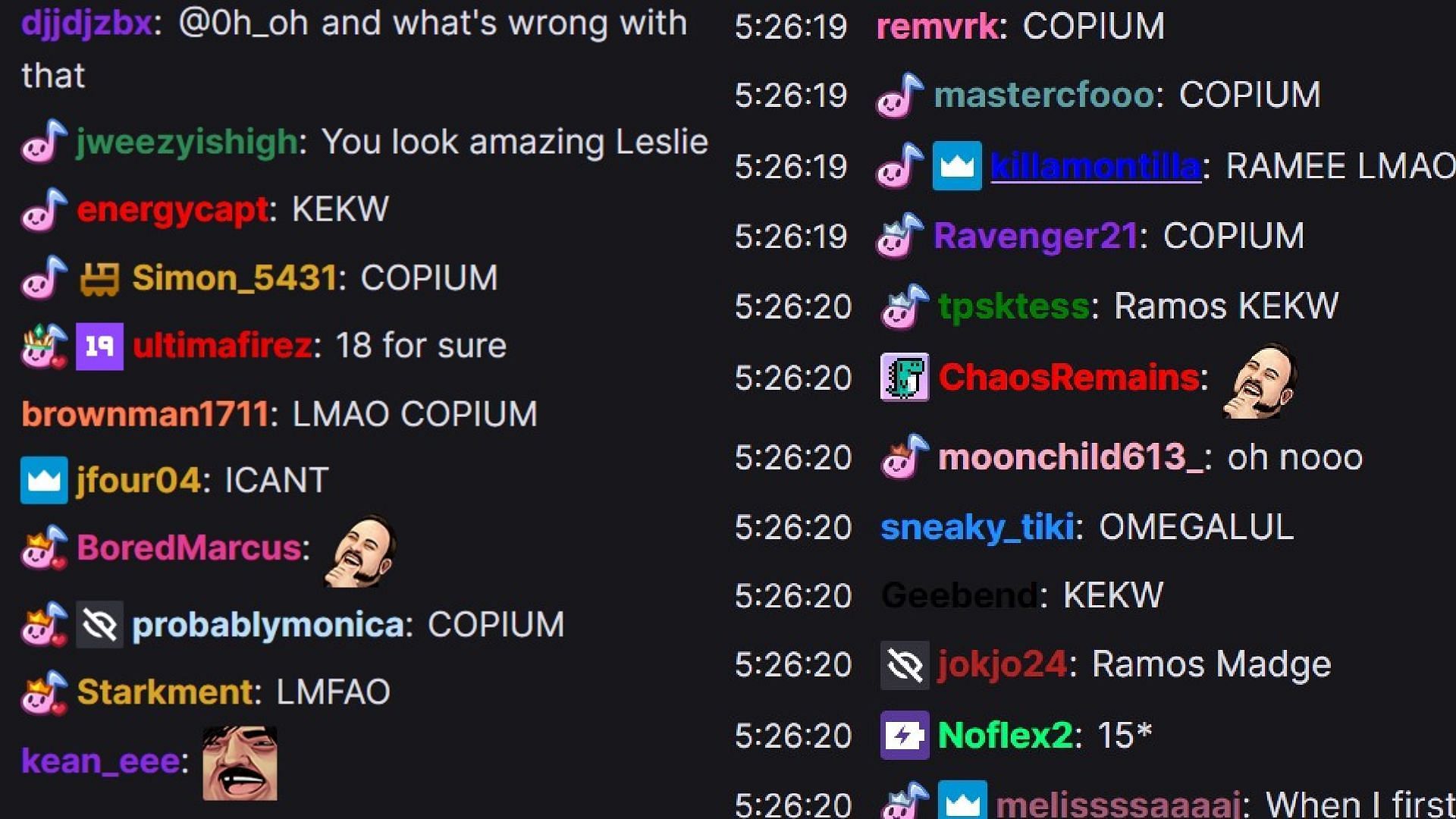 Chat reacting to Leslie saying she looks 18 (Image via fuslie/Twitch)