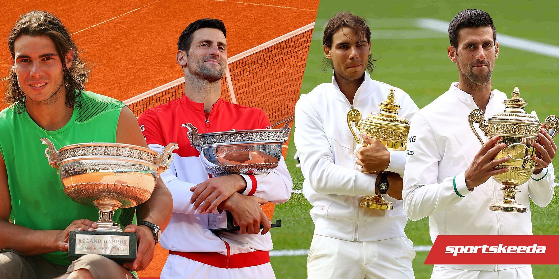 Rafael Nadal and Novak Djokovic with their French Open and Wimbledon trophies.