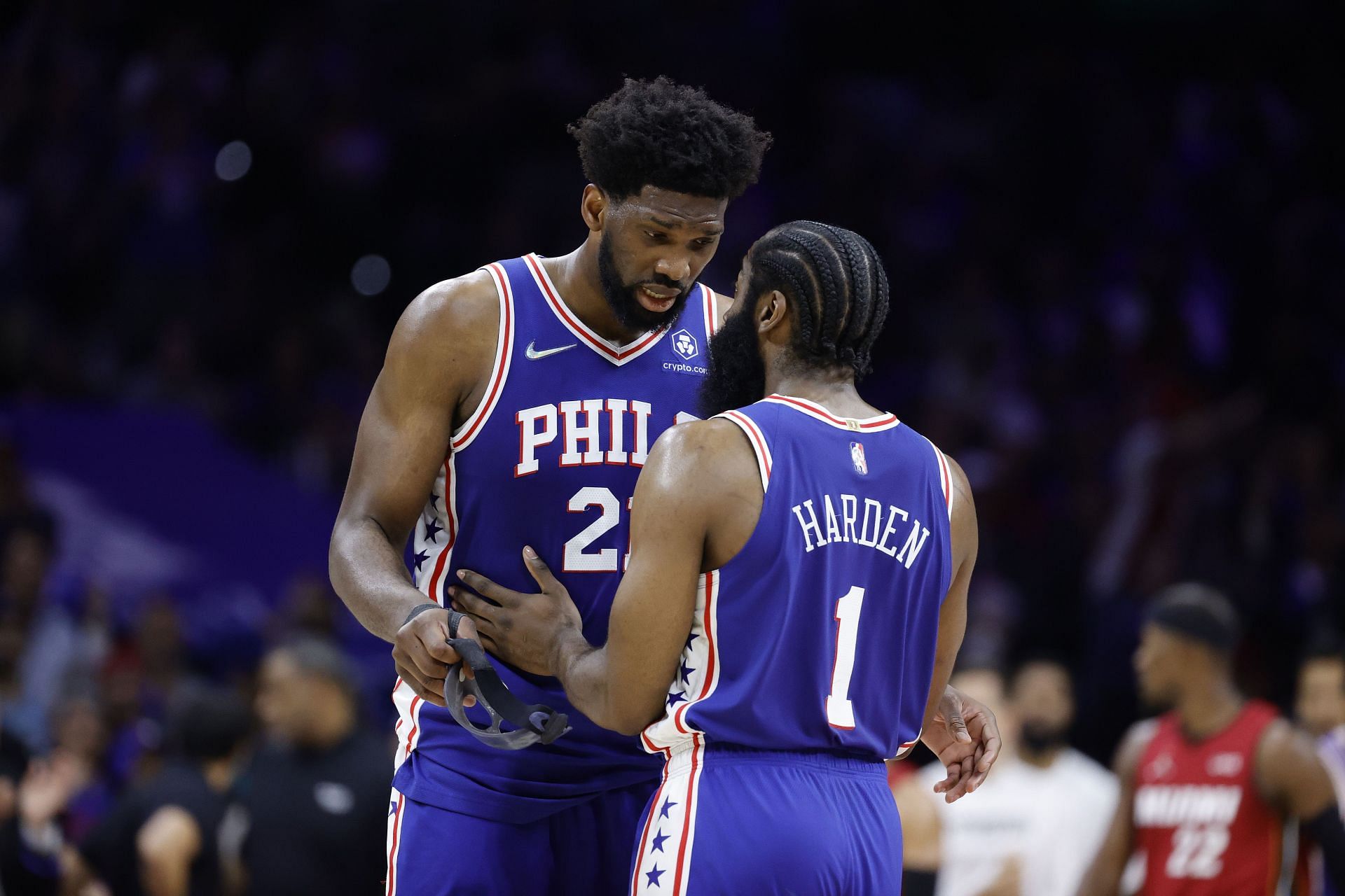 Joel Embiid #21 and James Harden #1 of the Philadelphia 76ers during play against the Miami Heat in Game Six of the 2022 NBA Playoffs Eastern Conference Semifinals at Wells Fargo Center on May 12, 2022 in Philadelphia, Pennsylvania.