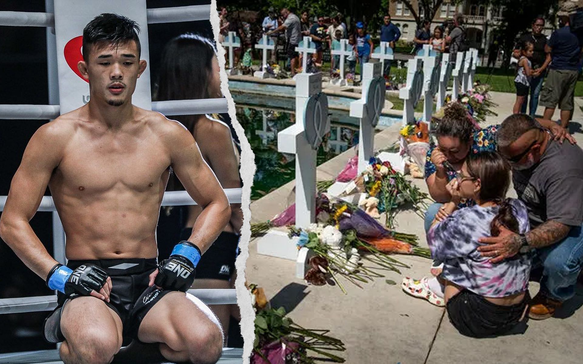 Christian Lee (L) feels the pain of those who lost their loved ones in Uvalde (R) and other cities in the United States. | [Photos: ONE Championship/The New York Times]