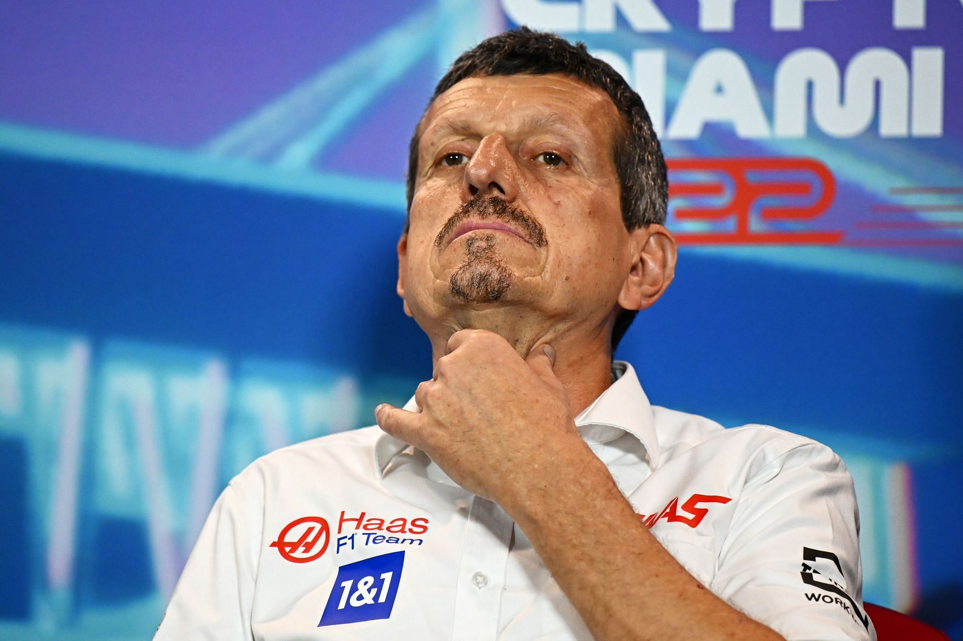 Haas team principal Steiner speaking to the media ahead of the 2022 F1 Miami GP. (Photo by Clive Mason/Getty Images)