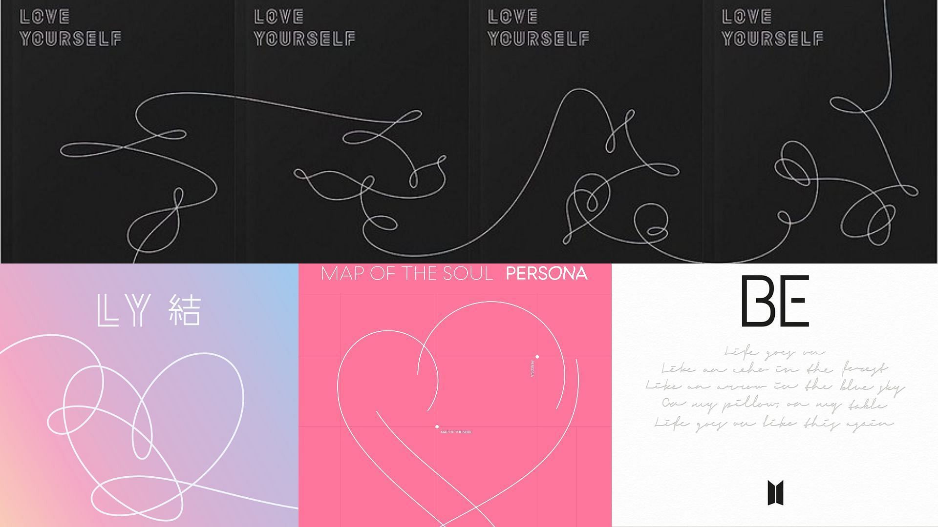 Love Yourself: Tear, Love Yourself: Answer, Map of the Soul: Persona, and BE album covers (Images via @BIGHIT_MUSIC/Twitter)