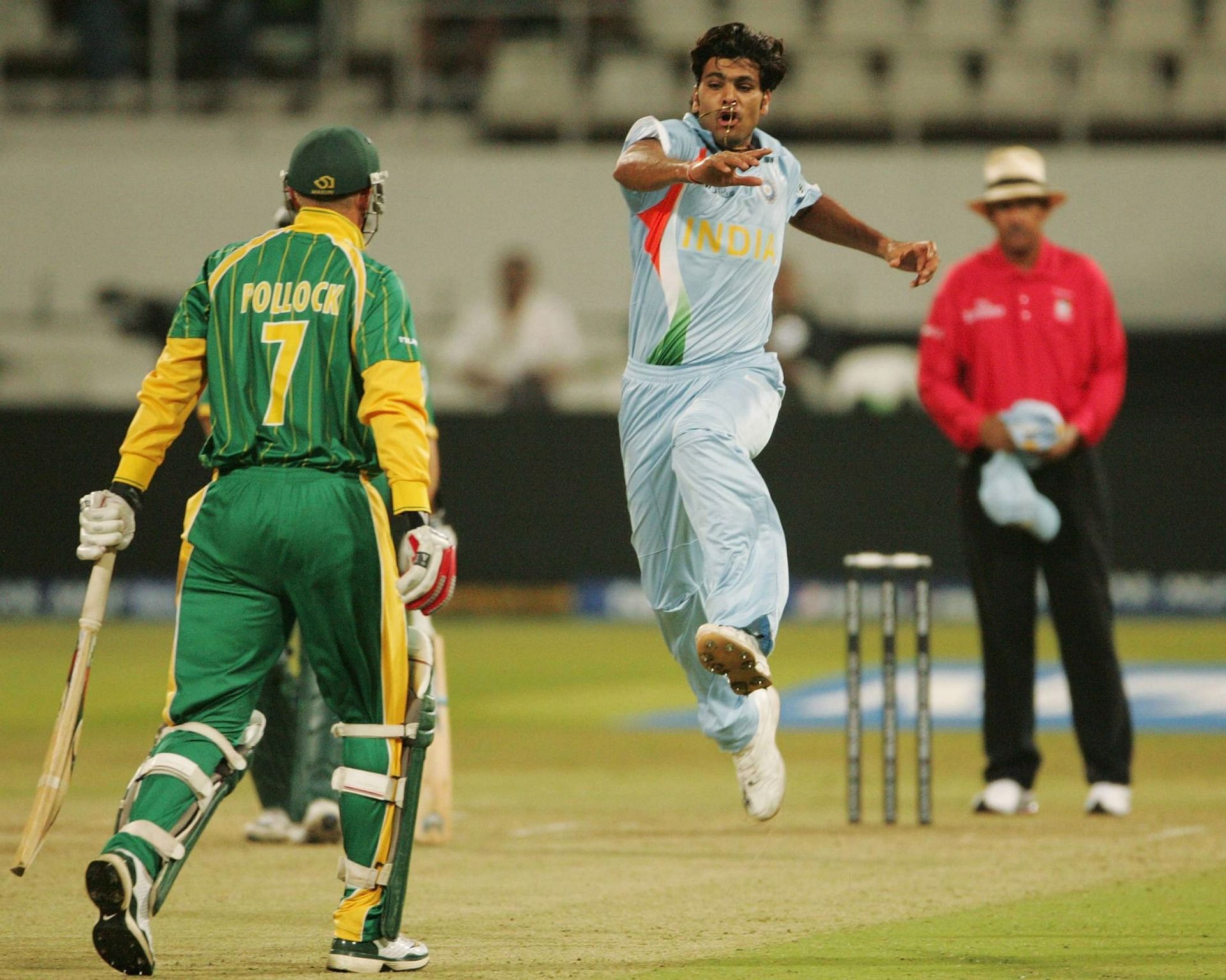 RP Singh of India celebrates after bowling Shaun Pollock in the 2007 T20 World Cup match. Pic: Getty Images