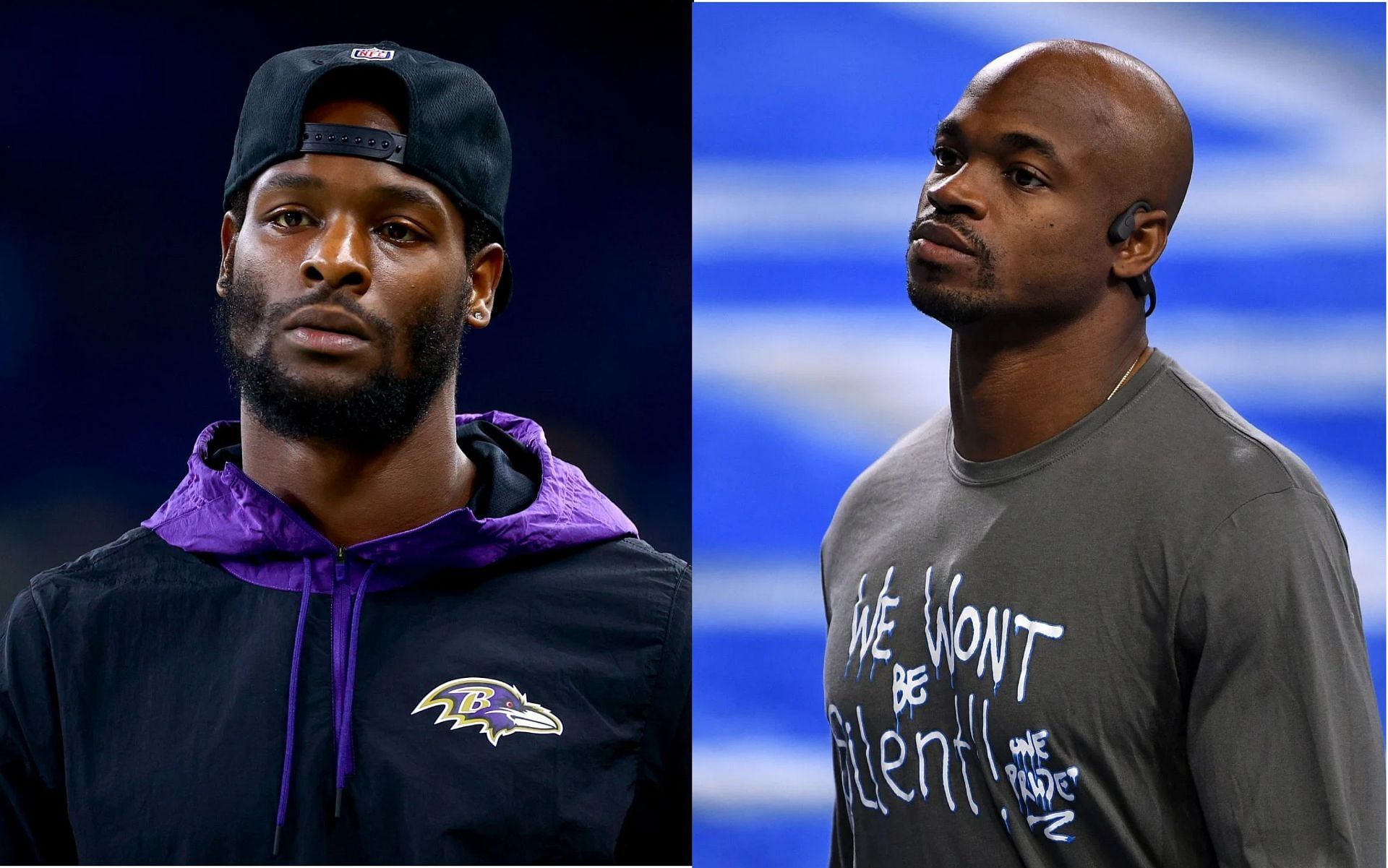 NFL players Le&#039;Veon Bell (L) and Adrian Peterson (R) are putting down the football and putting on the gloves.