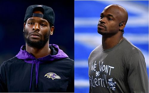 NFL players Le'Veon Bell (L) and Adrian Peterson (R) are putting down the football and putting on the gloves.