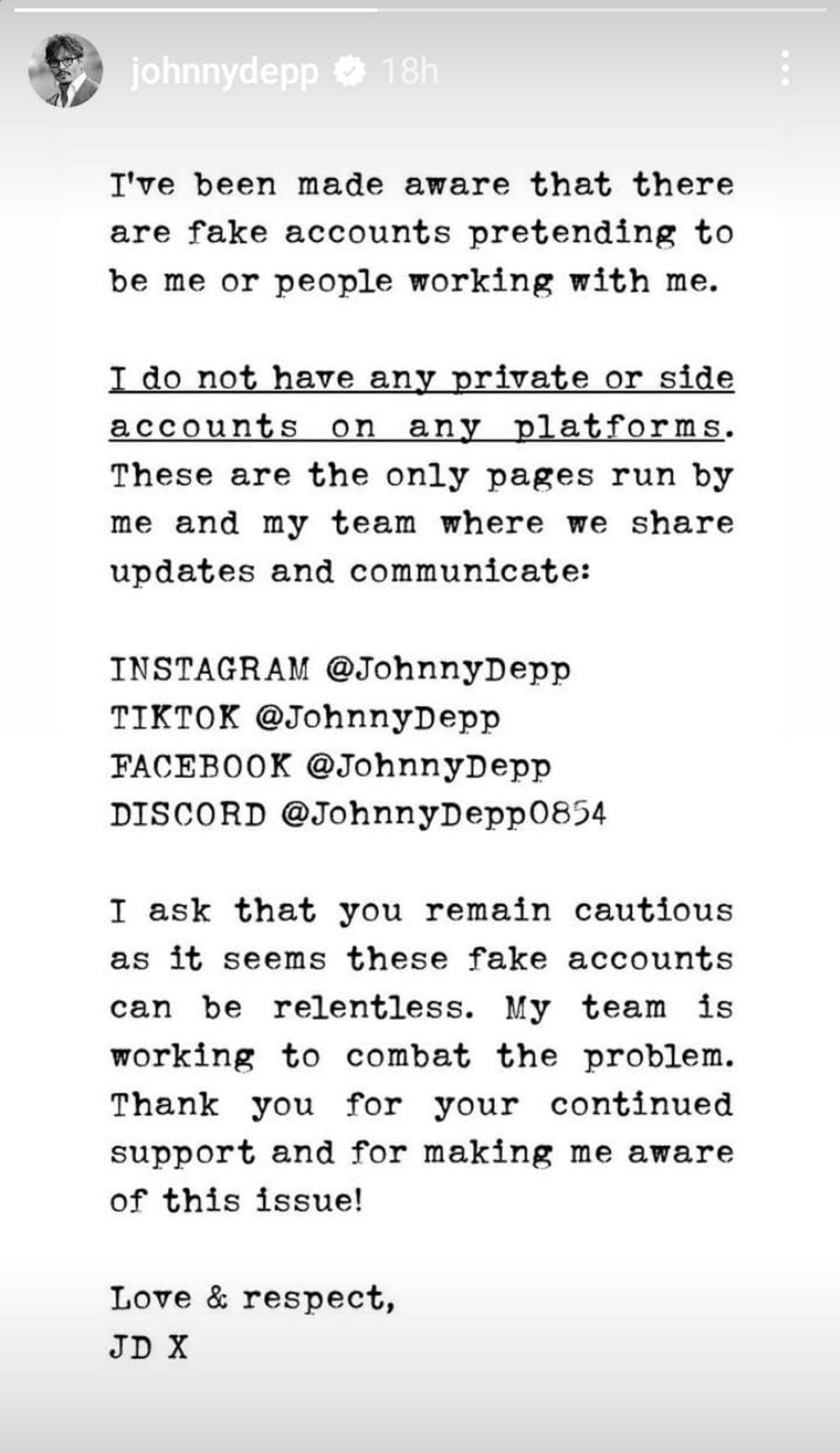 Johnny Depp informs fans about his &#039;real&#039; handles; warns about the fake IDs being created. (Image via @JohnnyDepp/Instagram)