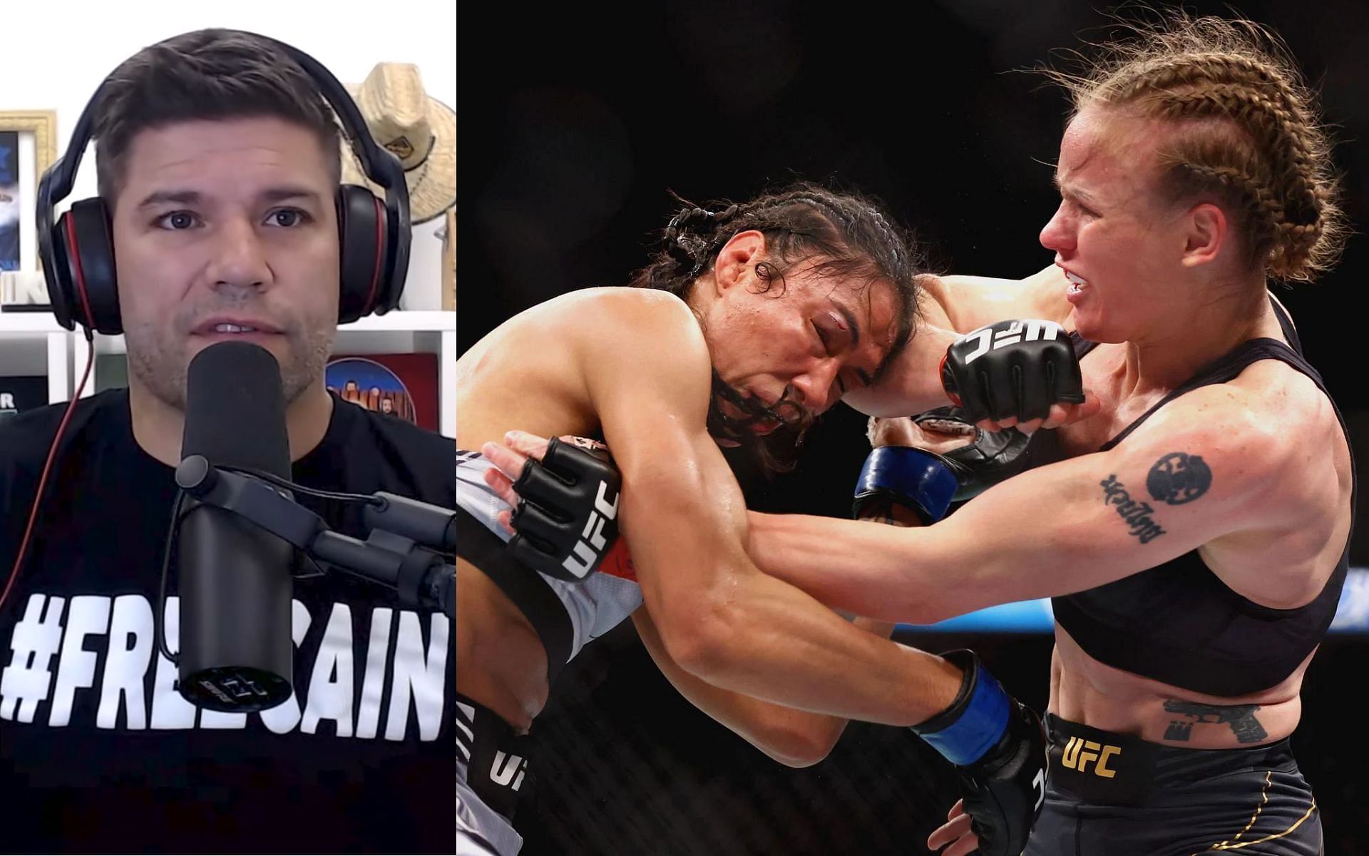 Josh Thomson (L) via.YouTube/WeighingIn; Taila Santos (C) and Valentina Shevchenko (R) in action against each other at UFC 275.