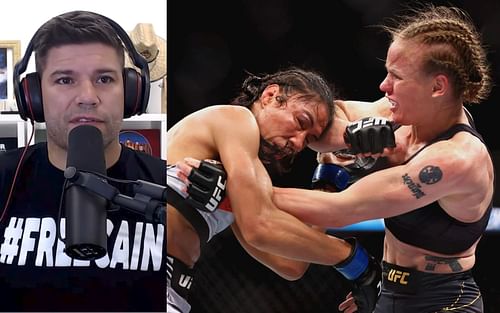 Josh Thomson (L) via.YouTube/WeighingIn; Taila Santos (C) and Valentina Shevchenko (R) in action against each other at UFC 275.