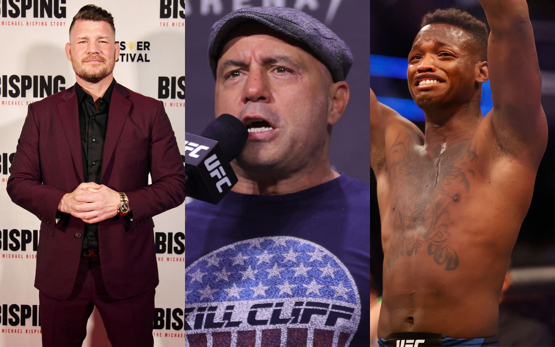 Michael Bisping (left, image courtesy of @mikebisping Instagram); Joe Rogan and Terrance McKinney (center and right, images courtesy of Getty)