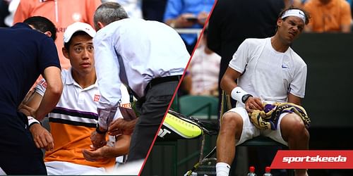 Kei Nishikori (L) and Rafael Nadal (R)