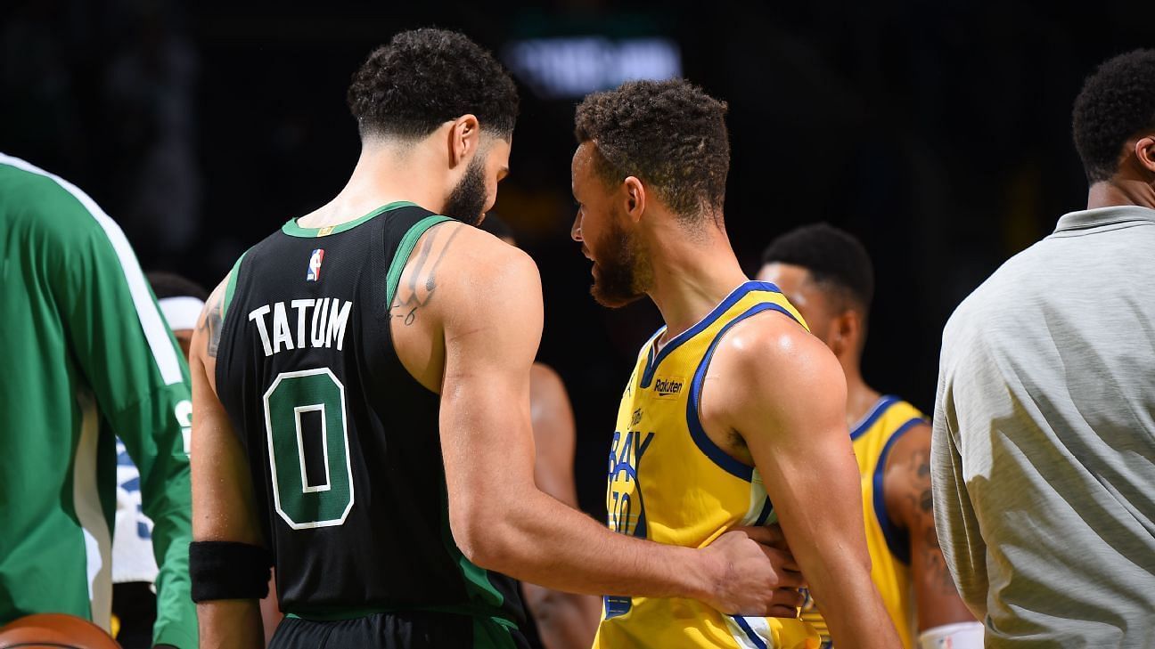 Jayson Tatum of the Boston Celtics against Steph Curry of the Golden State Warriors