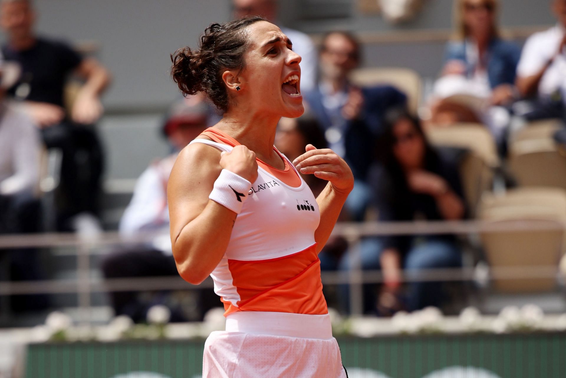 Martina Trevisan celebrates her quarterfinal win at the 2022 French Open